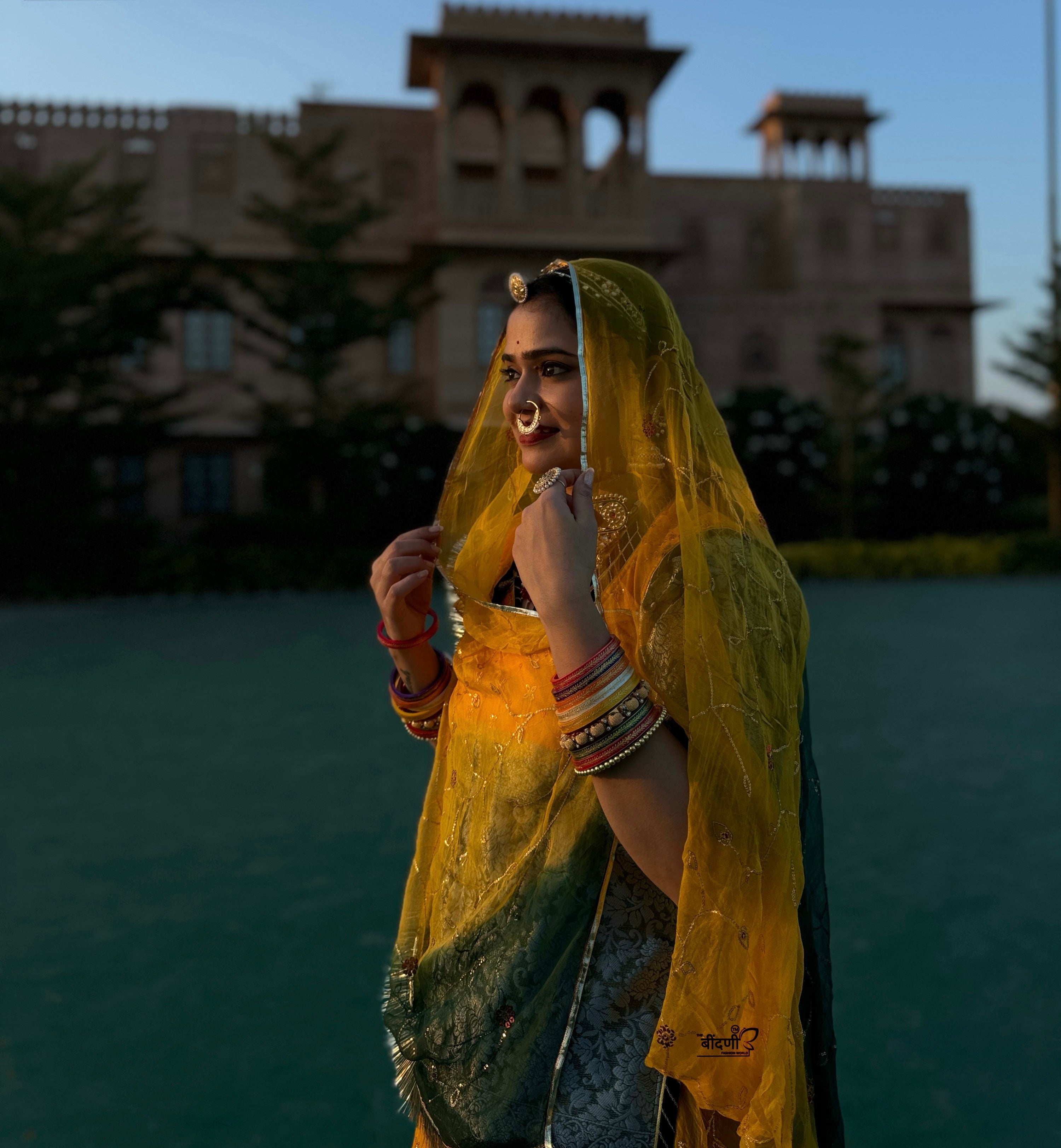 Bindani Sunlight Elegance: Yellow Organza Poshak with Banarasi Border(Semi stich)