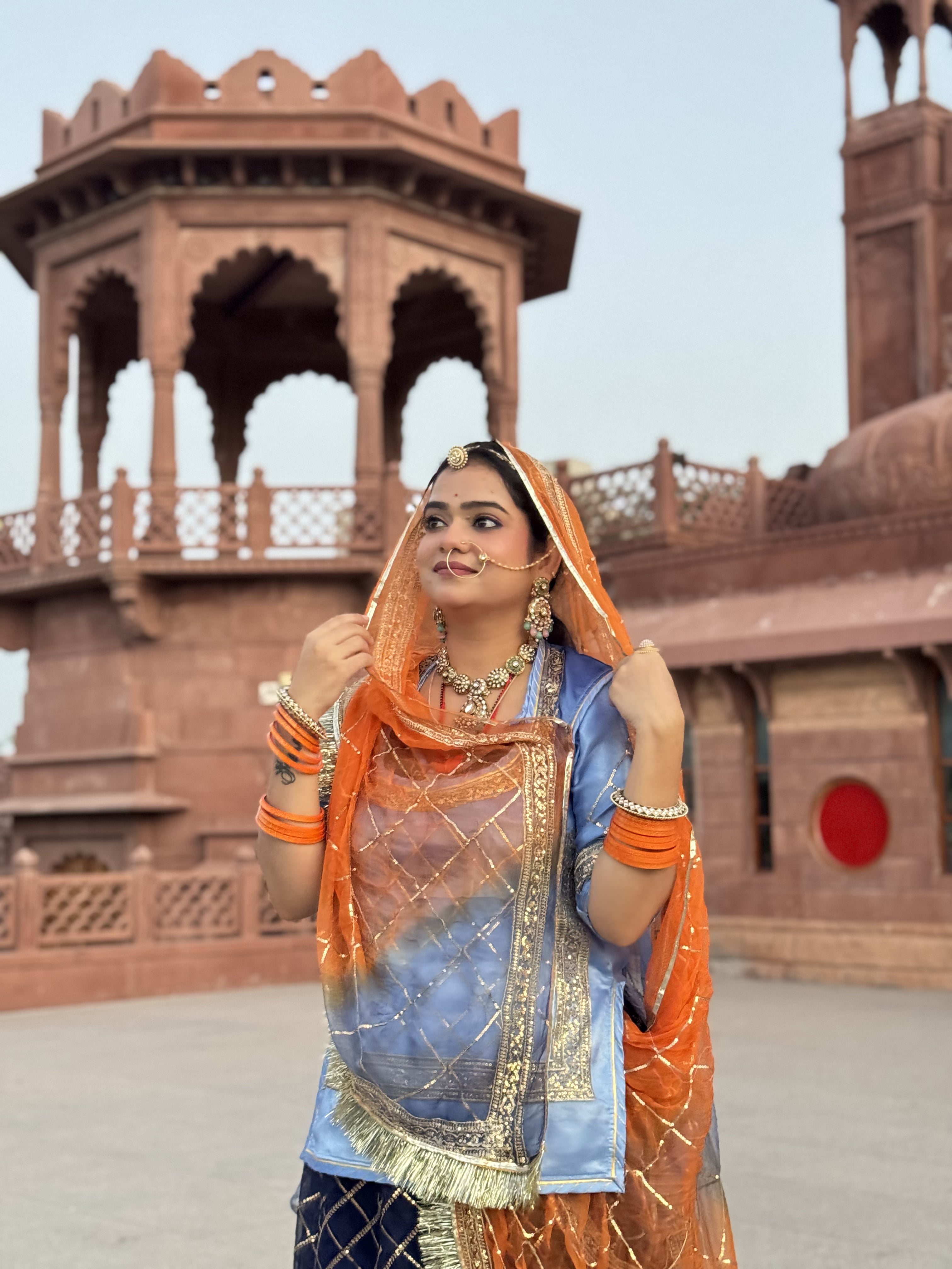 Sapphire Sunrise - Tissue Suit  With Contrast Odhni