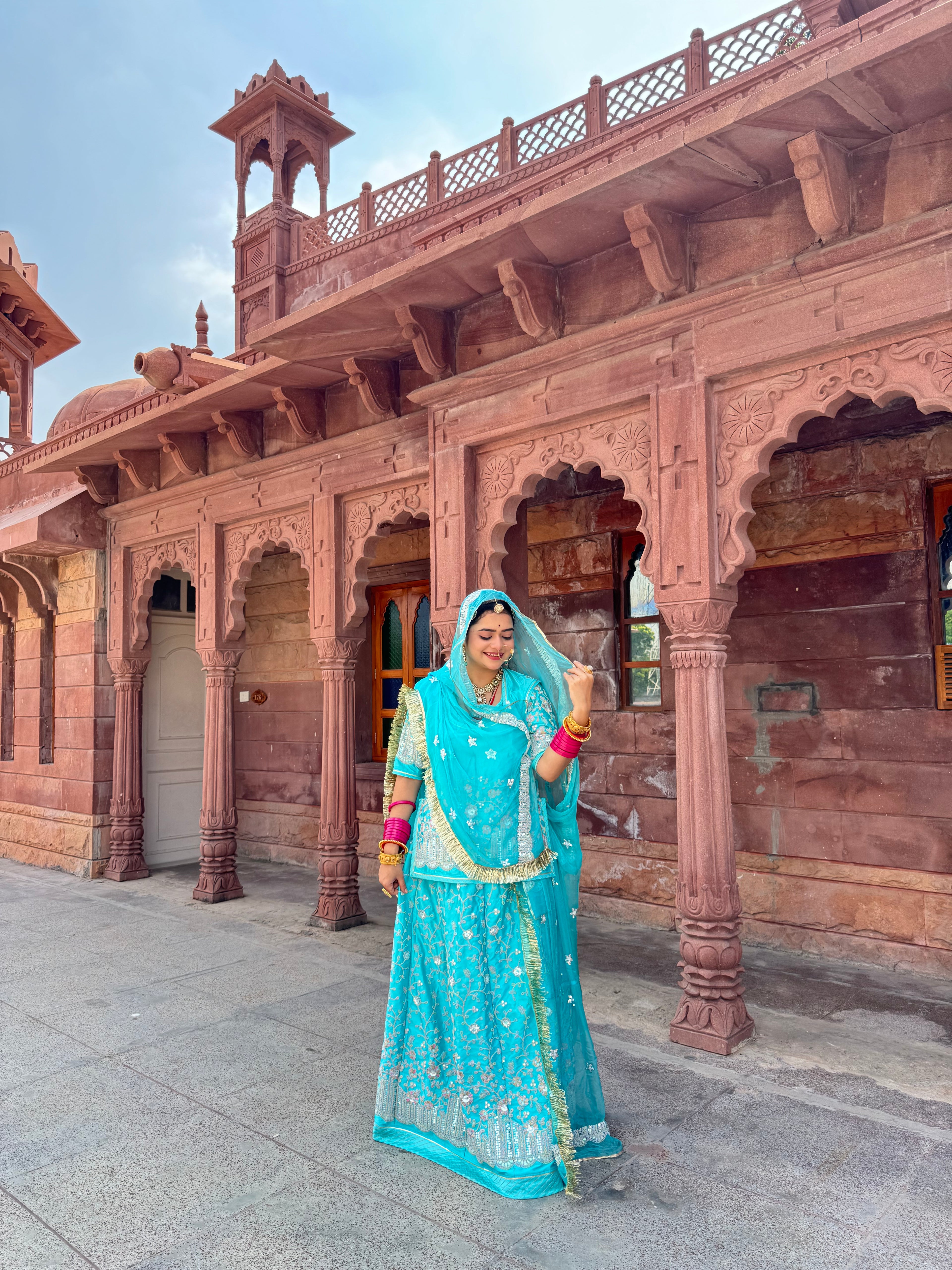 Azure Majesty - Satin Suit With Hamrai Odhna