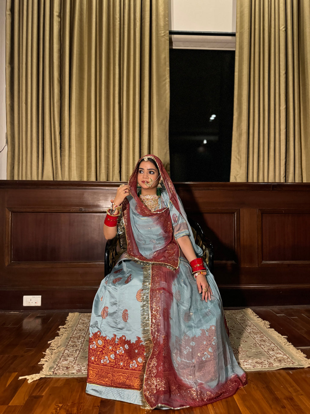 Sapphire Drape – Blue Jacquard Elegance with Hamrai Odhna