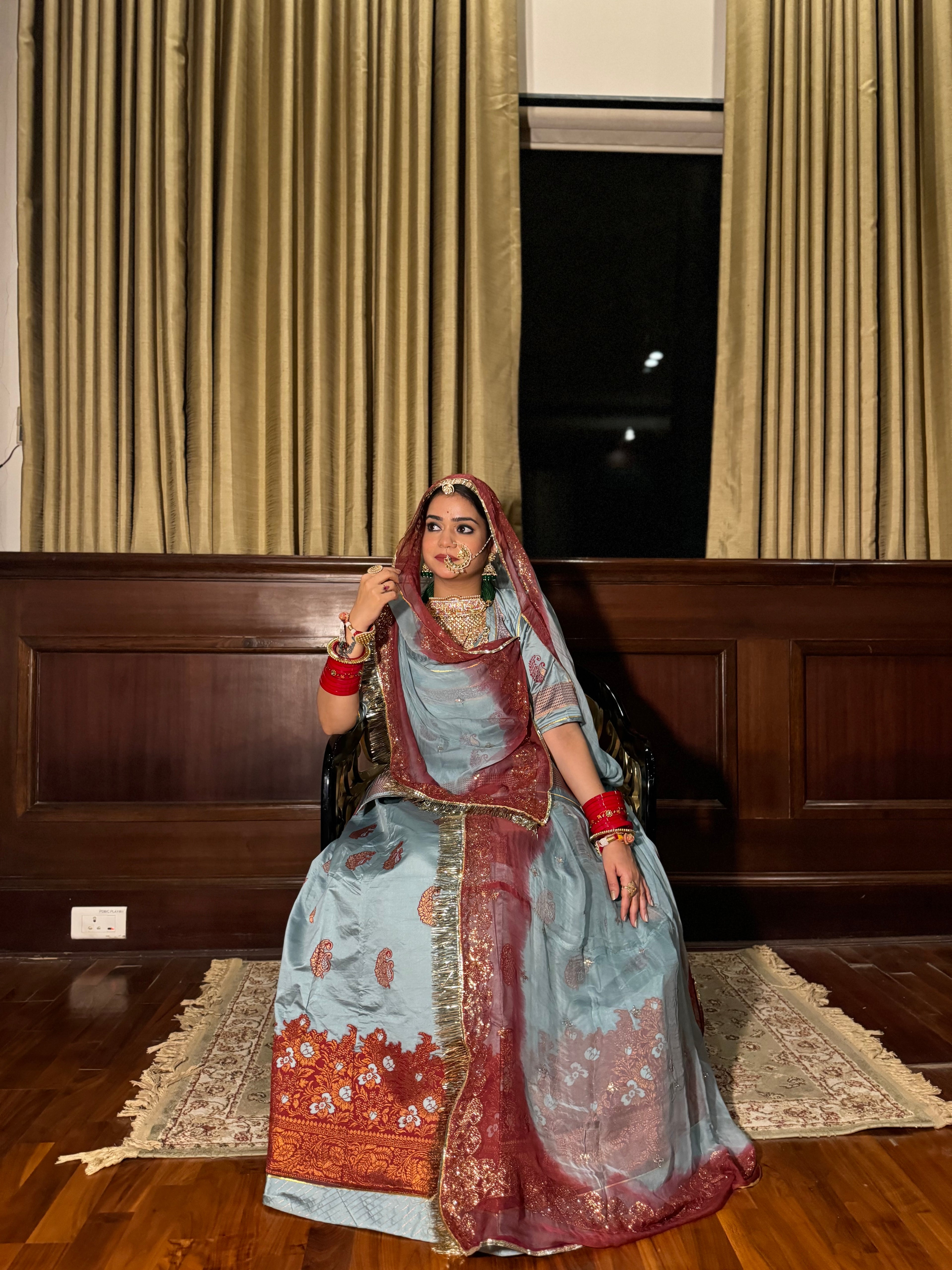 Sapphire Drape – Blue Jacquard Elegance with Hamrai Odhna