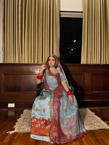 Sapphire Drape – Blue Jacquard Elegance with Hamrai Odhna