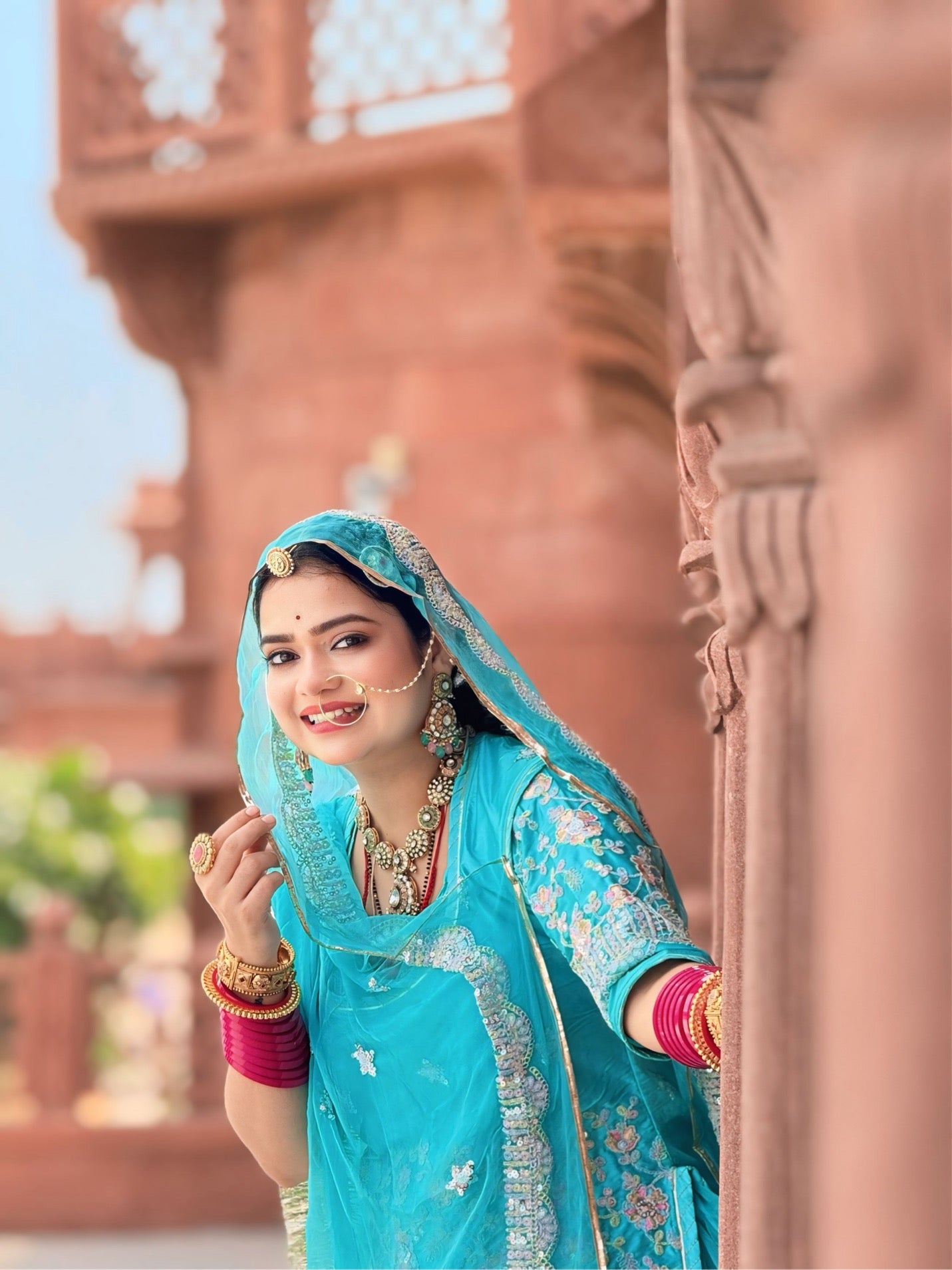Azure Majesty - Satin Suit With Hamrai Odhna