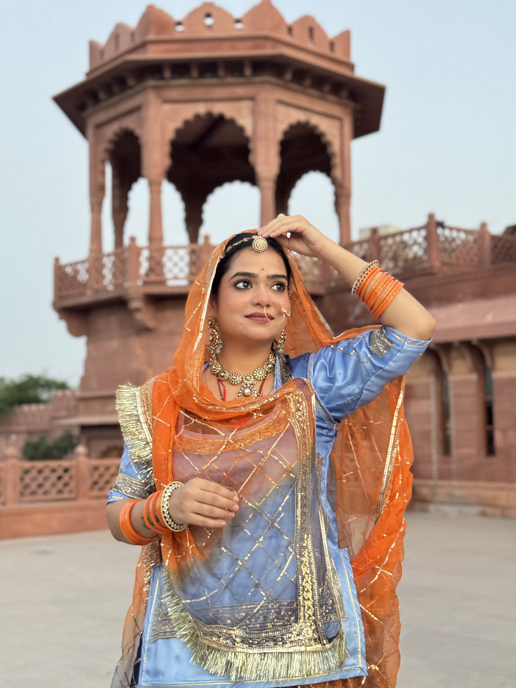 Sapphire Sunrise - Tissue Suit  With Contrast Odhni