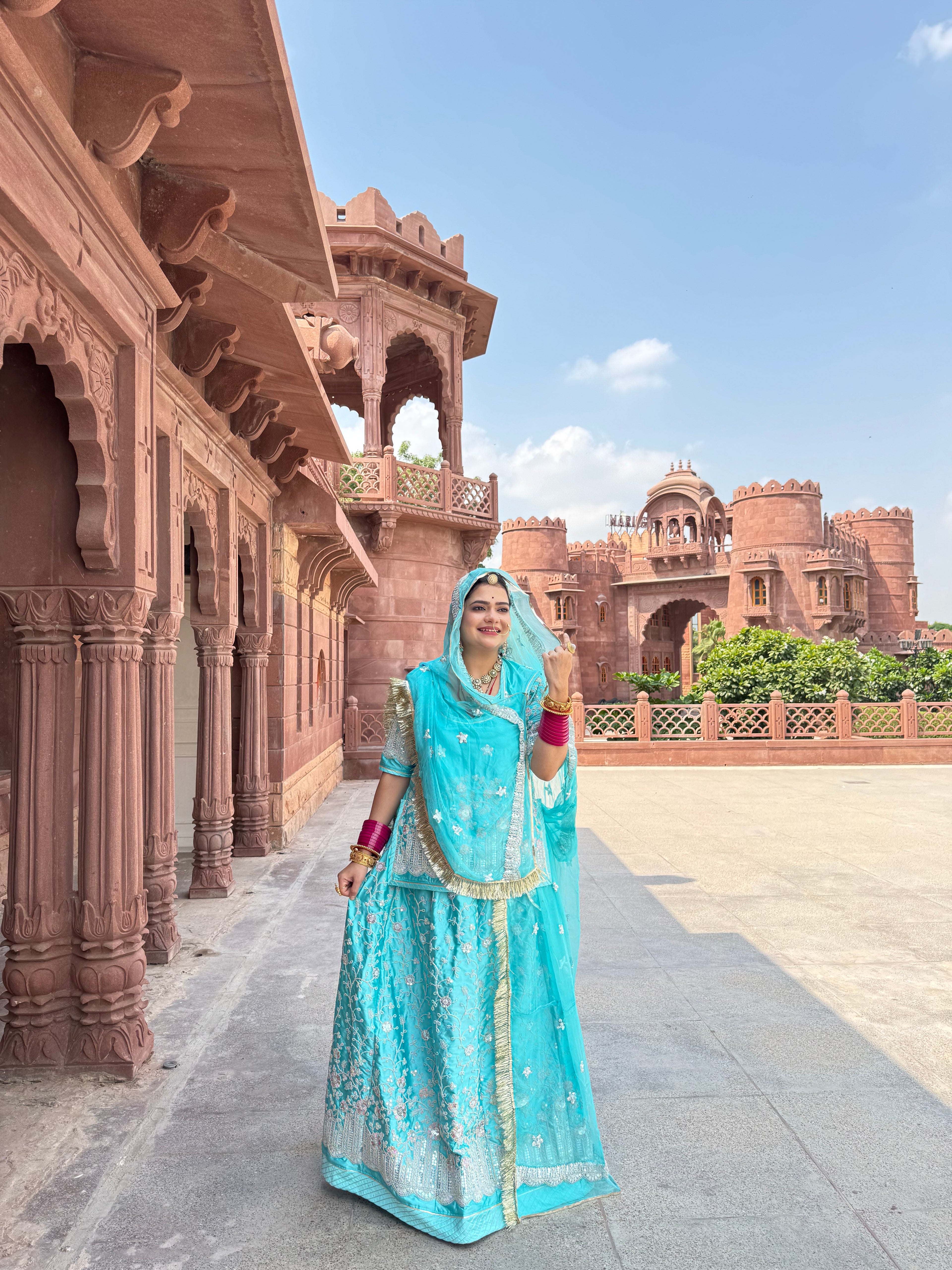 Azure Majesty - Satin Suit With Hamrai Odhna