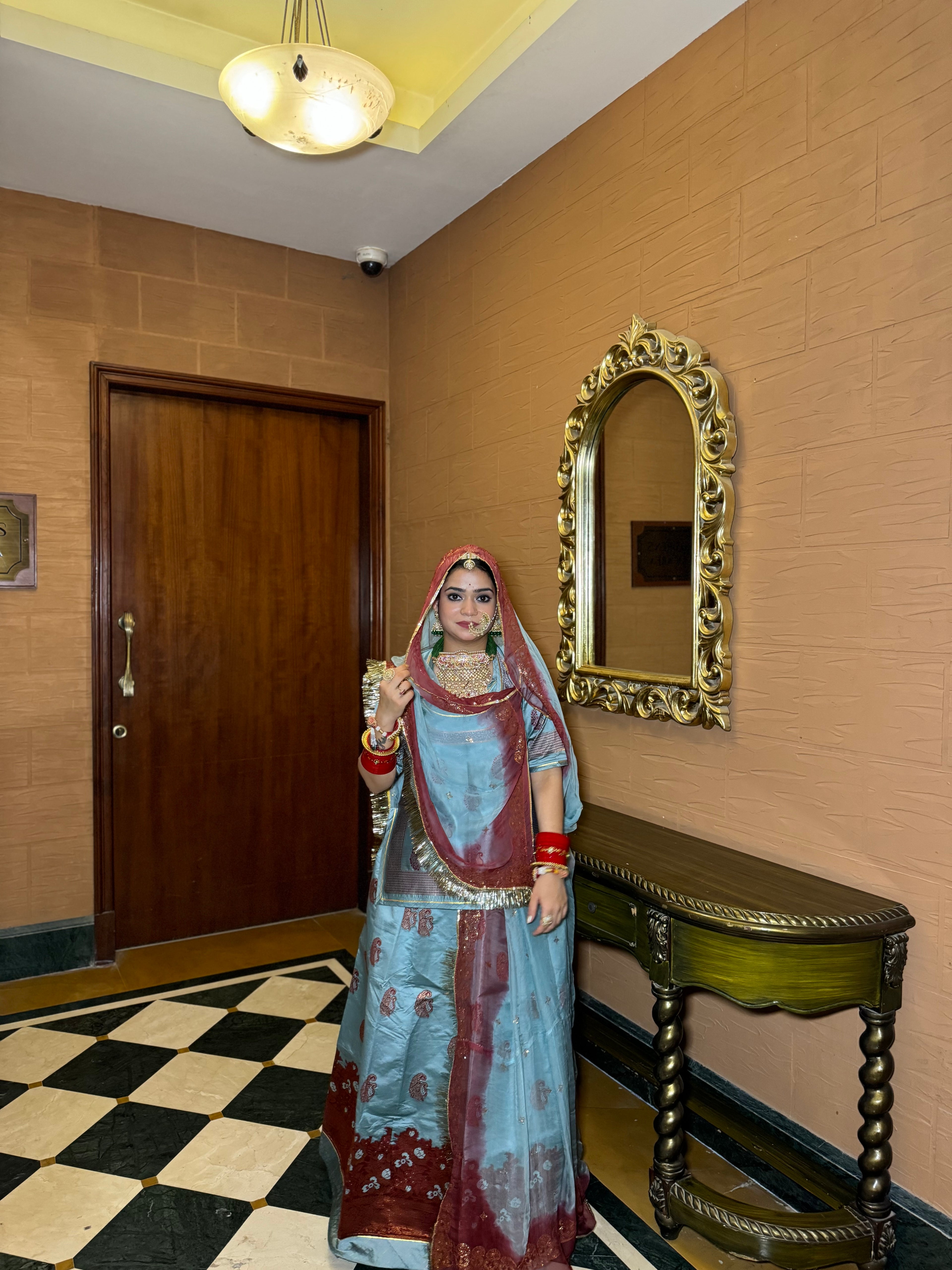 Sapphire Drape – Blue Jacquard Elegance with Hamrai Odhna