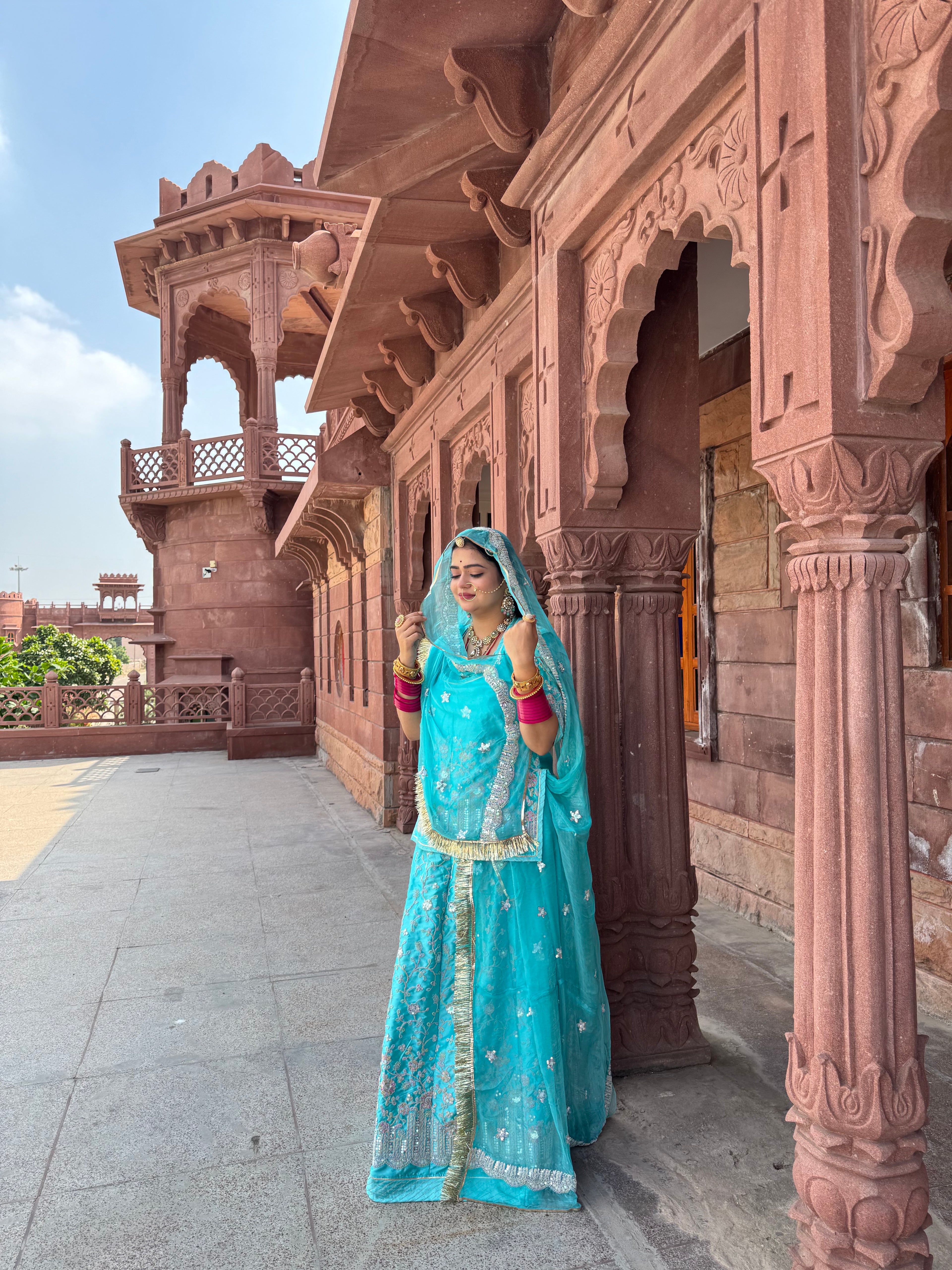 Azure Majesty - Satin Suit With Hamrai Odhna
