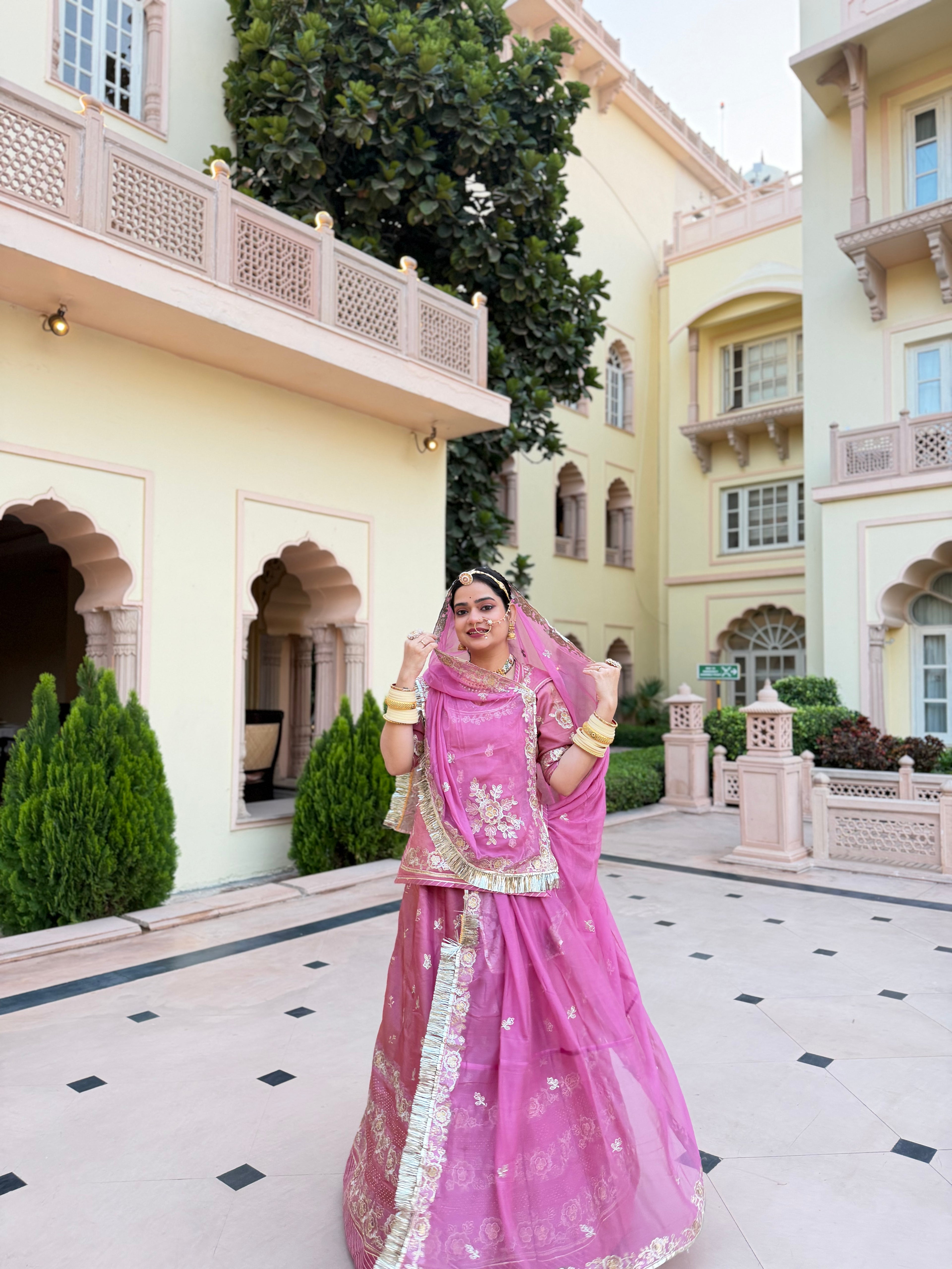 Elegant Blush Pink - Suit with Hamrahi Odhna with Intricate Floral Zari Embroidery & Luxury Fringe Border