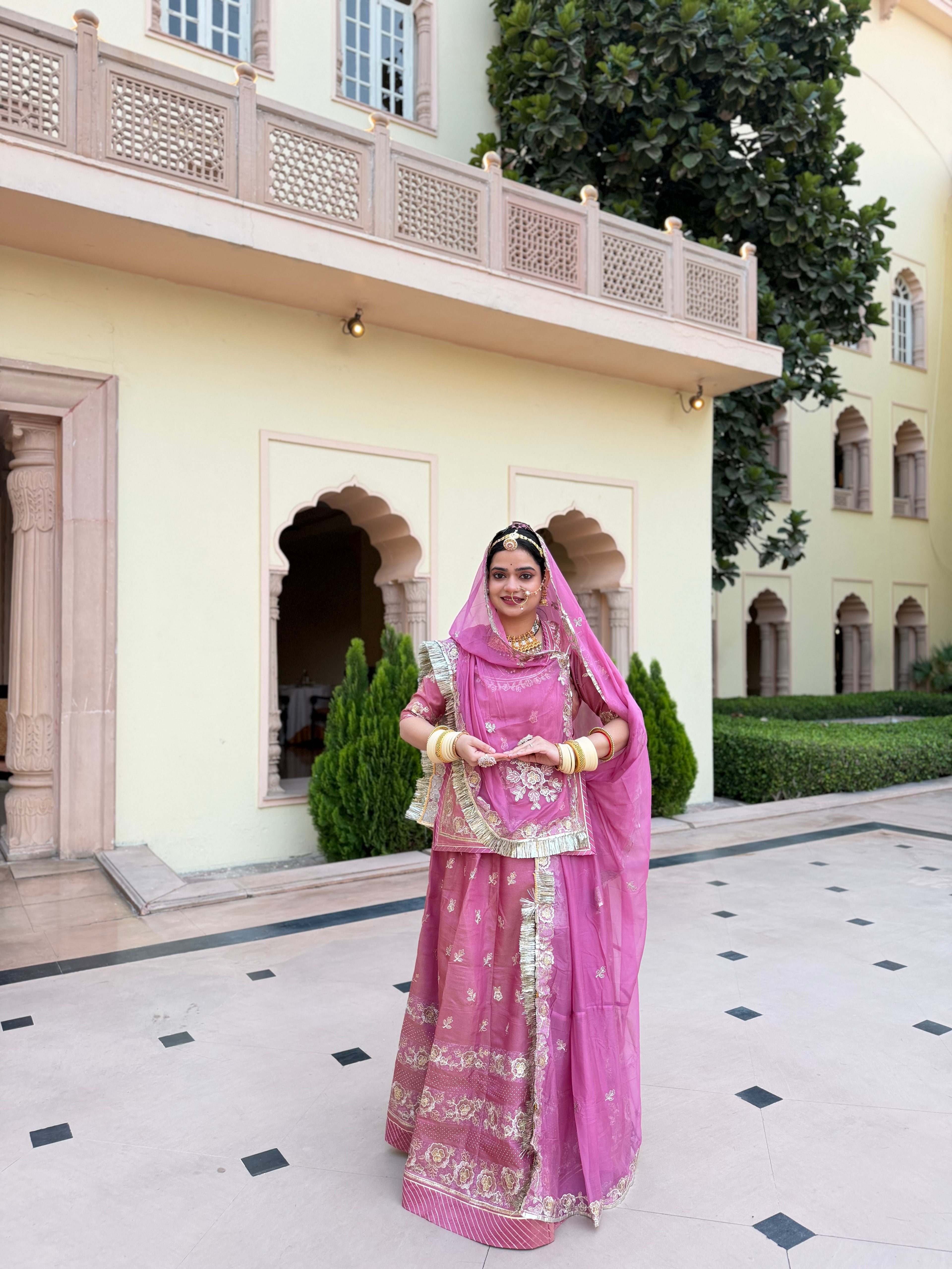 Elegant Blush Pink - Suit with Hamrahi Odhna with Intricate Floral Zari Embroidery & Luxury Fringe Border