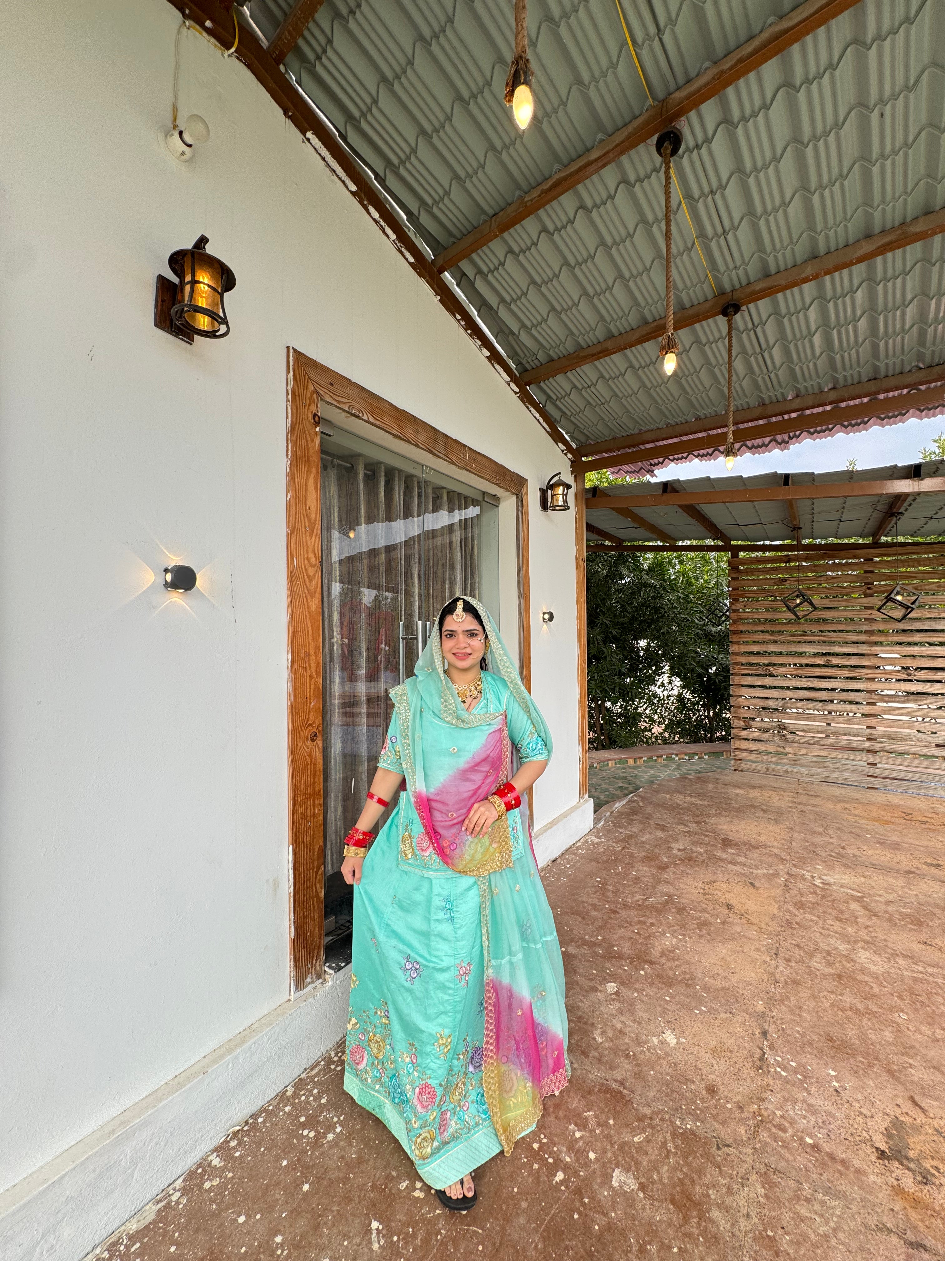 Elegant Mint Green -  Chanderi Suit with Multicolor Floral Embroidery & Designer Hamrahi Odhna