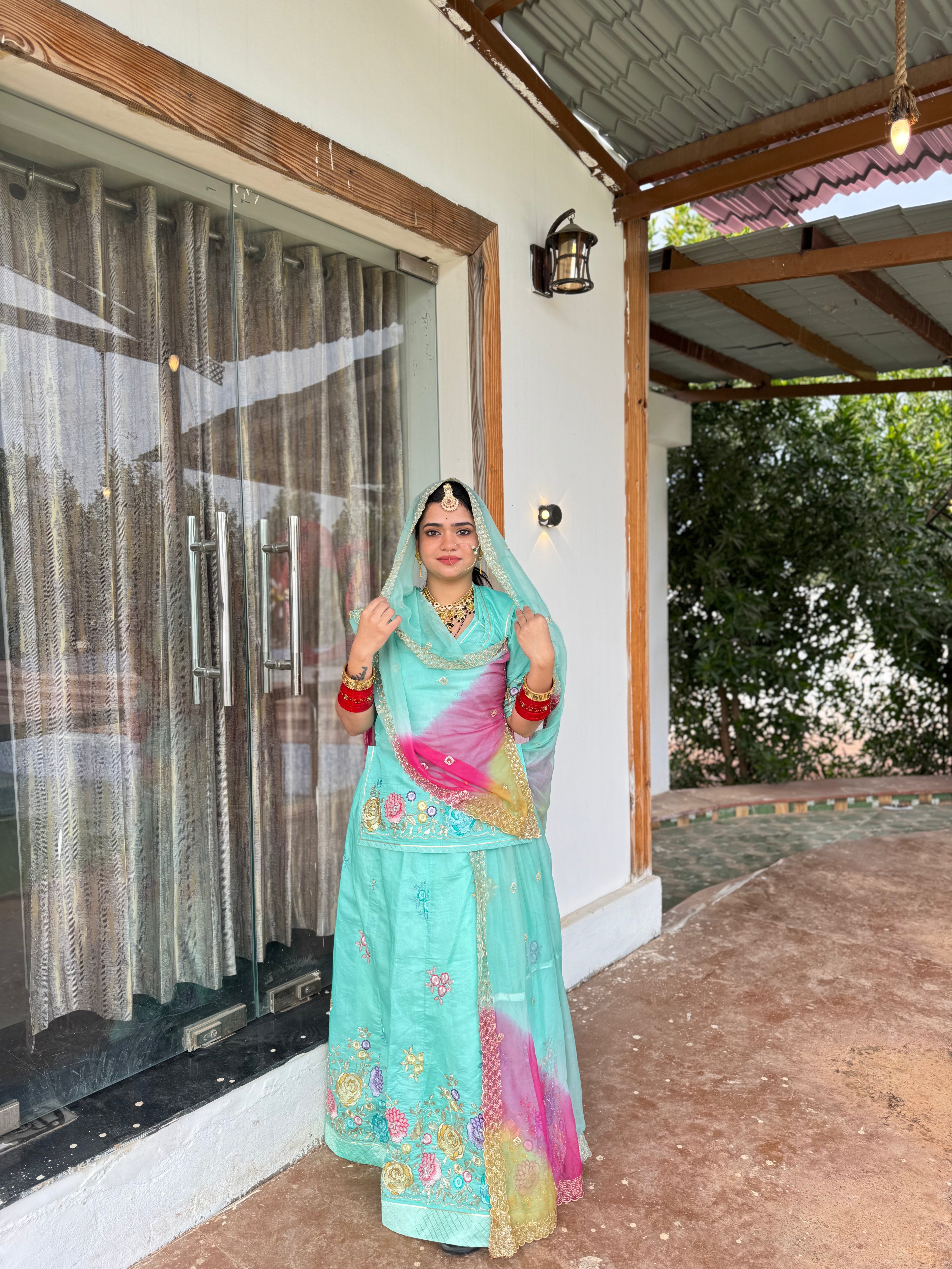 Elegant Mint Green -  Chanderi Suit with Multicolor Floral Embroidery & Designer Hamrahi Odhna