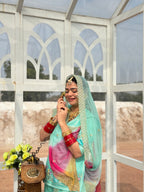 Elegant Mint Green -  Chanderi Suit with Multicolor Floral Embroidery & Designer Hamrahi Odhna