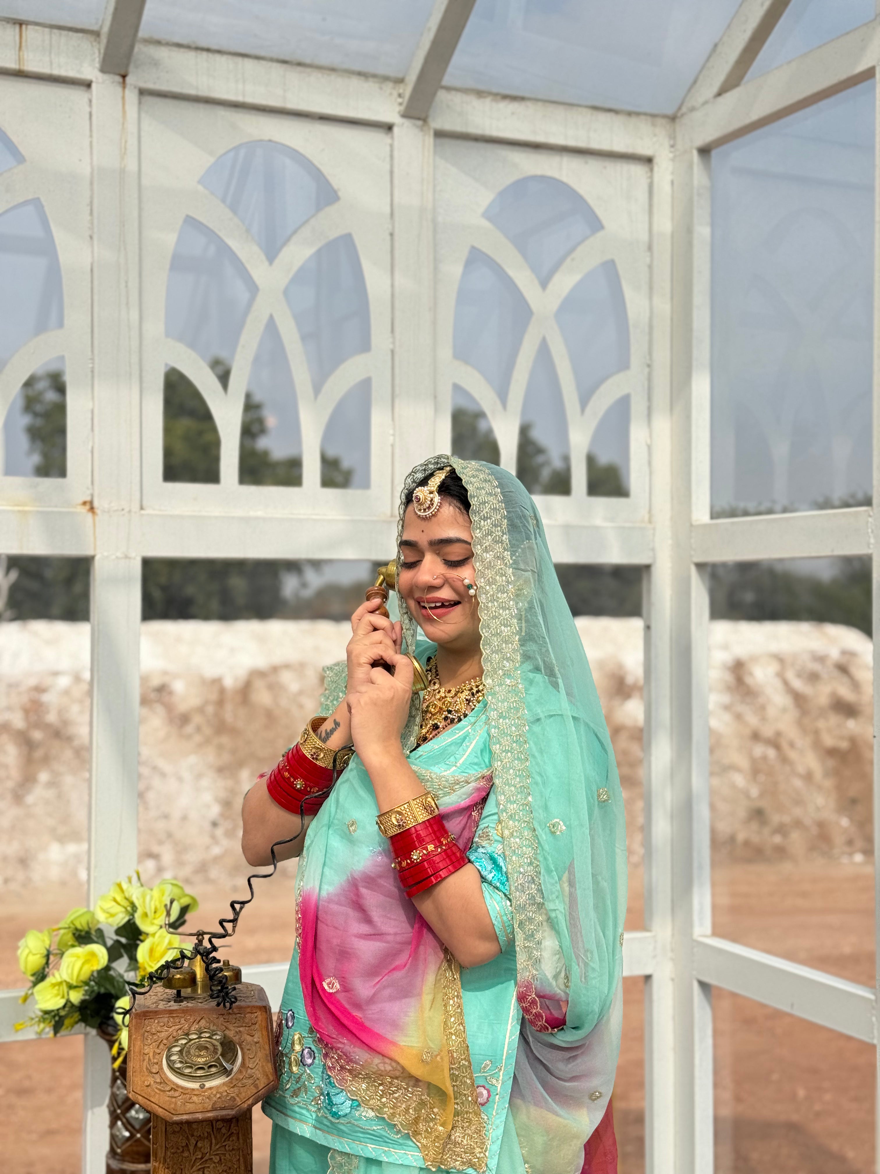 Elegant Mint Green -  Chanderi Suit with Multicolor Floral Embroidery & Designer Hamrahi Odhna