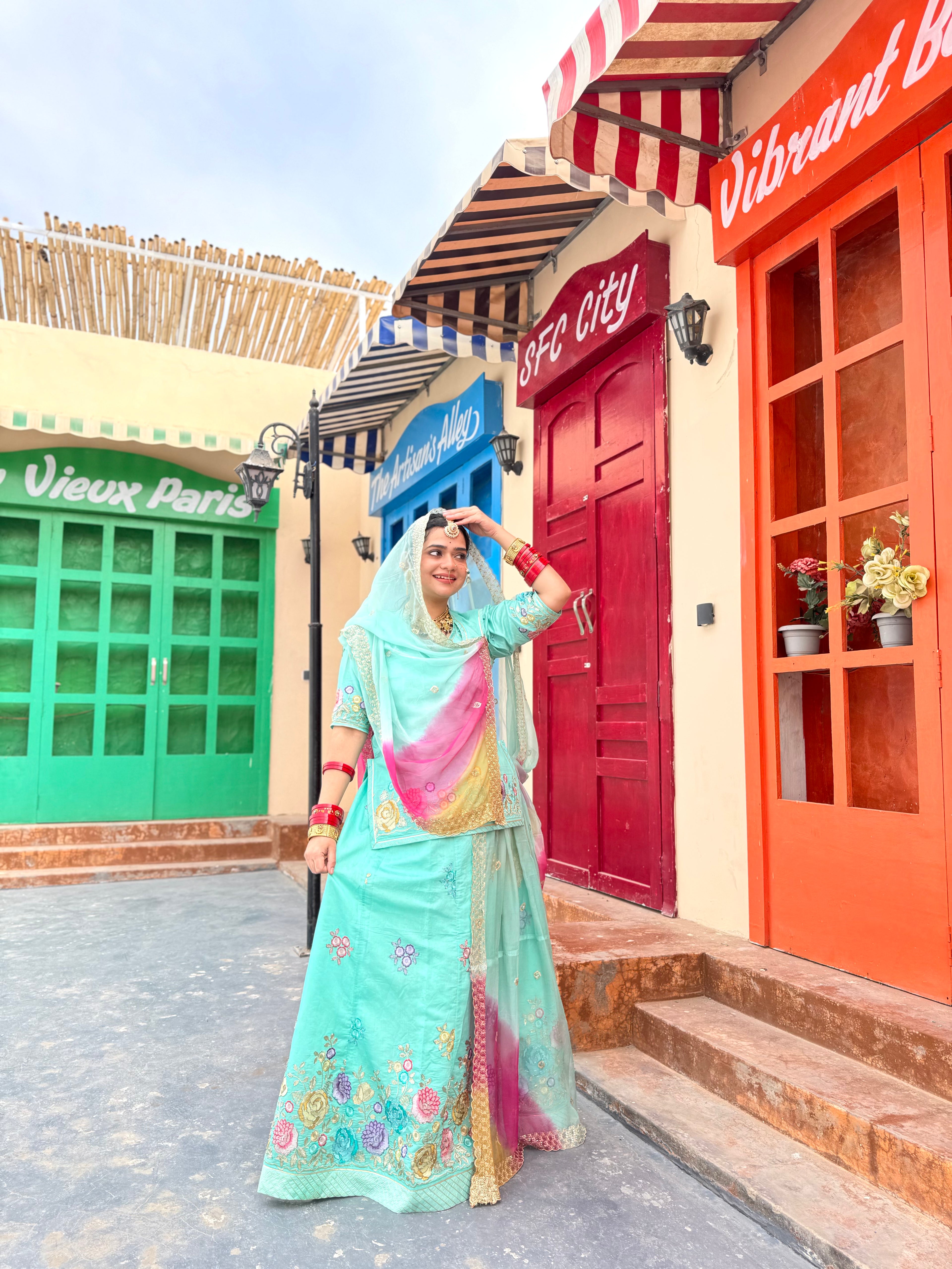 Elegant Mint Green -  Chanderi Suit with Multicolor Floral Embroidery & Designer Hamrahi Odhna