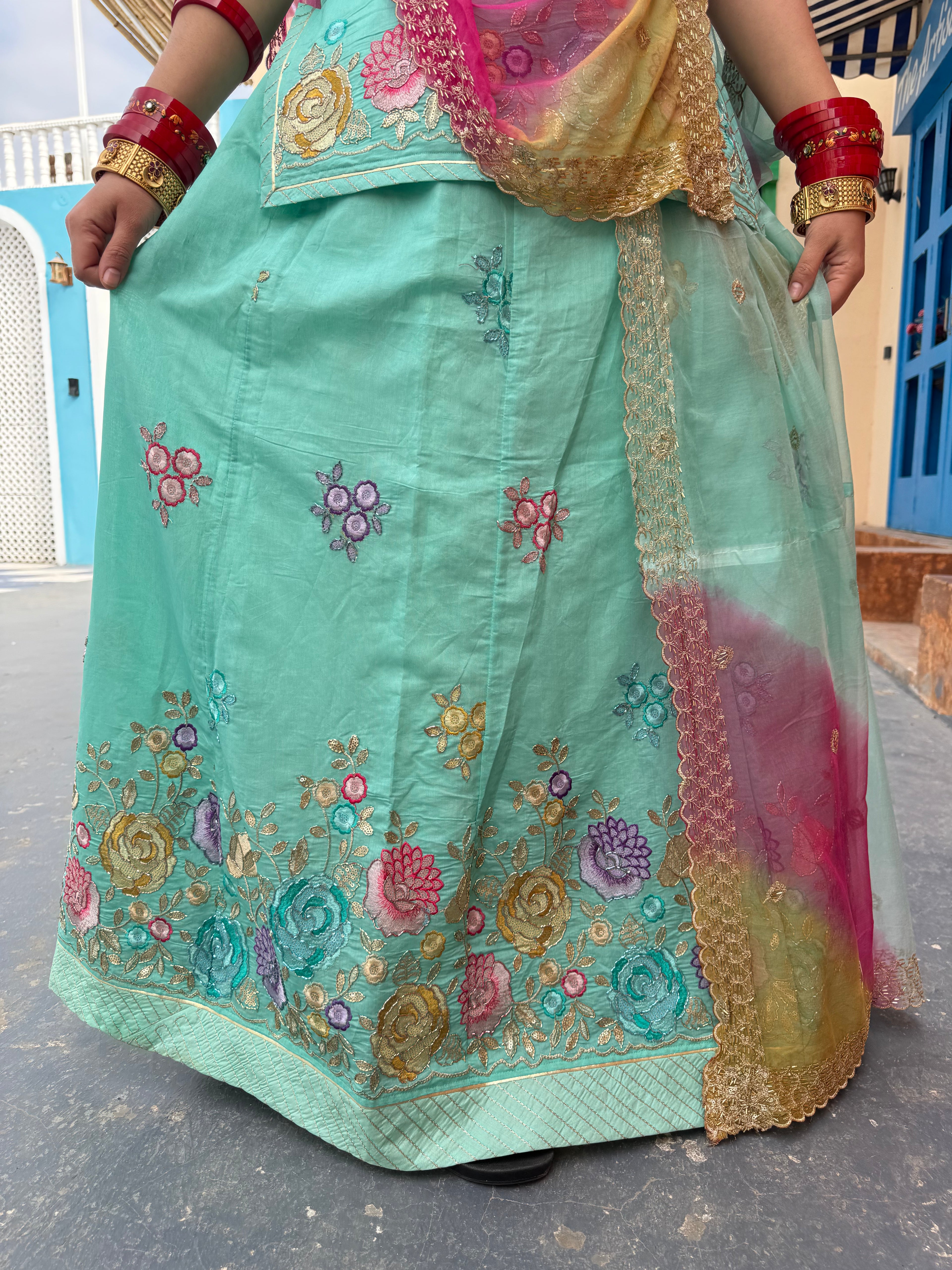 Elegant Mint Green -  Chanderi Suit with Multicolor Floral Embroidery & Designer Hamrahi Odhna