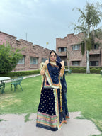 Elegance in Blue: Exquisite Velvet Thread Work Poshak(Semi stich)