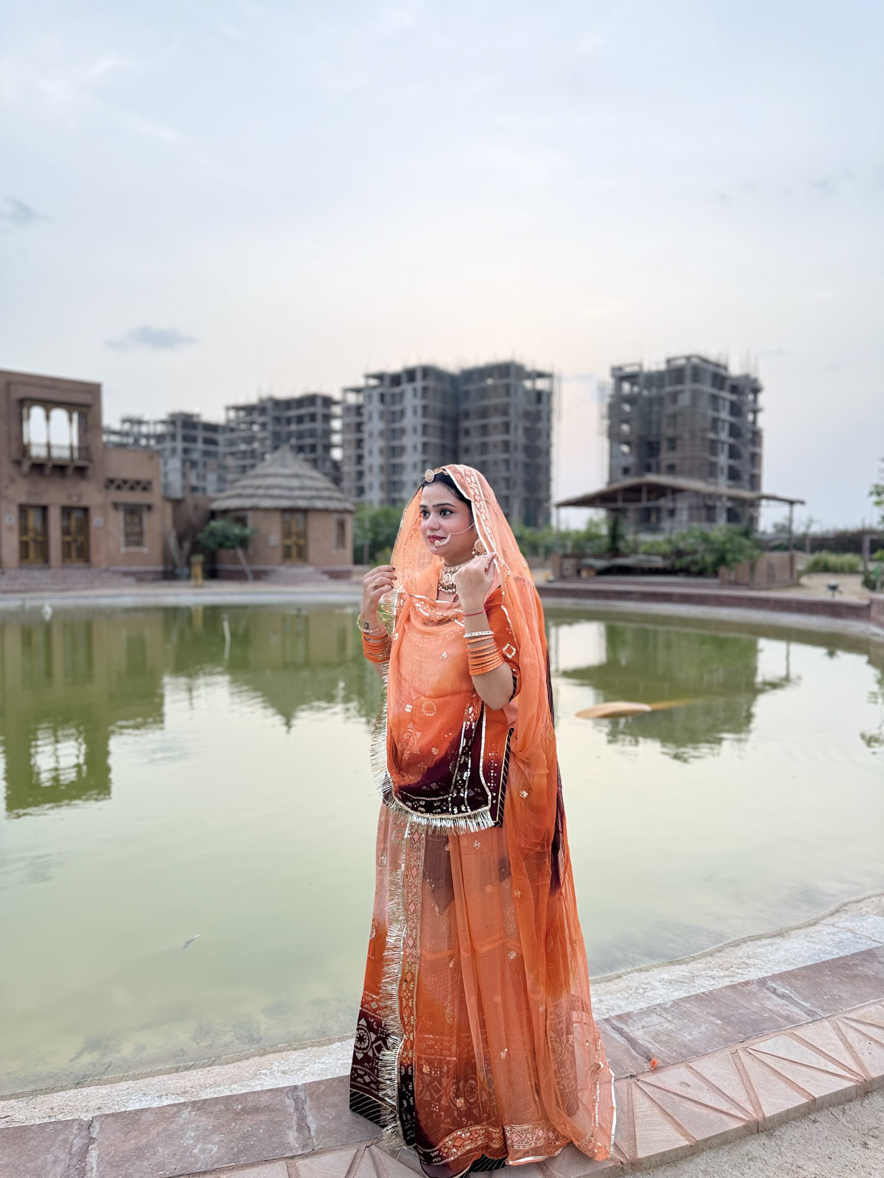 Bindani Vibrant Three-Color Orange Upada Poshak