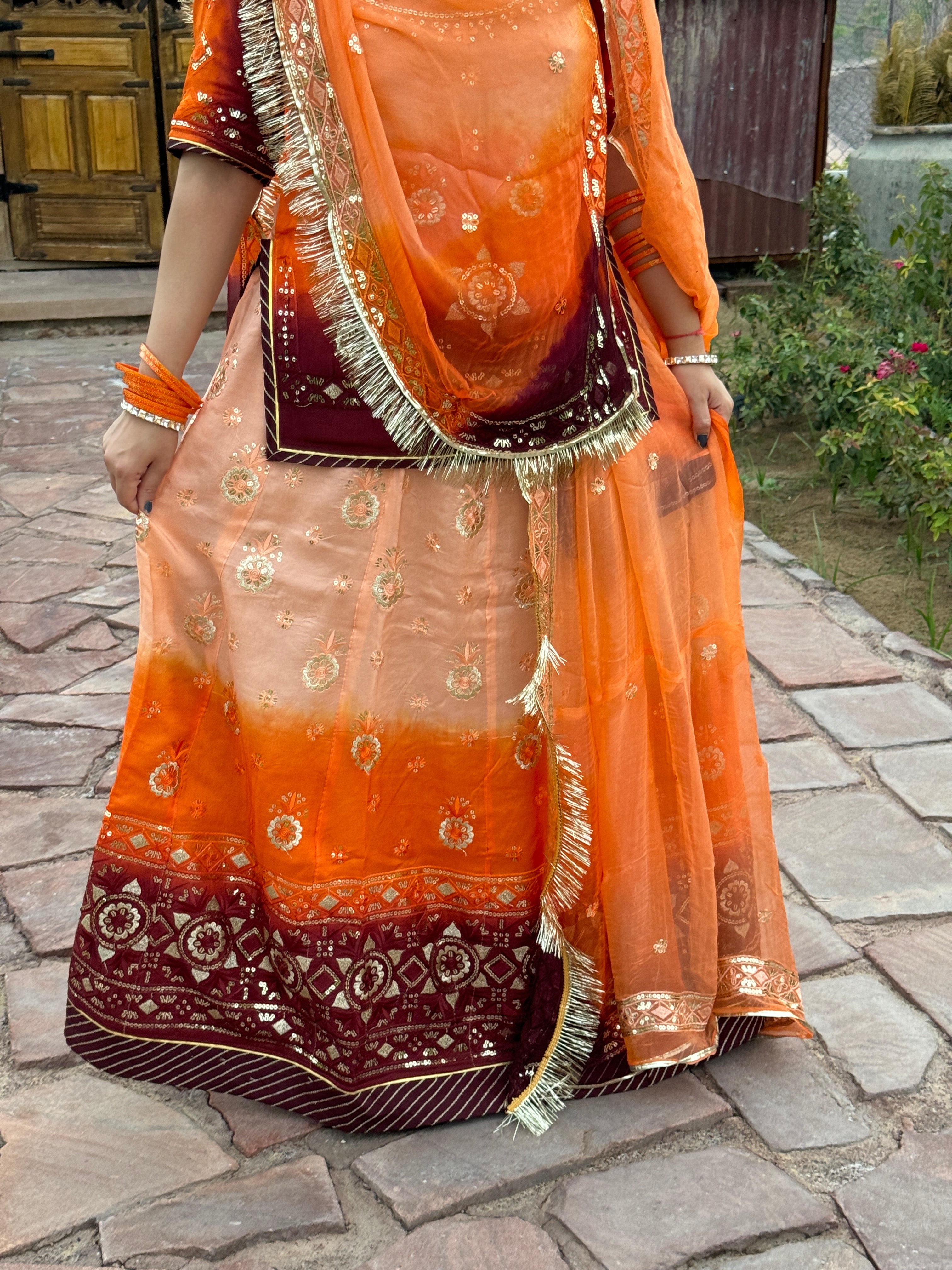 Bindani Vibrant Three-Color Orange Upada Poshak