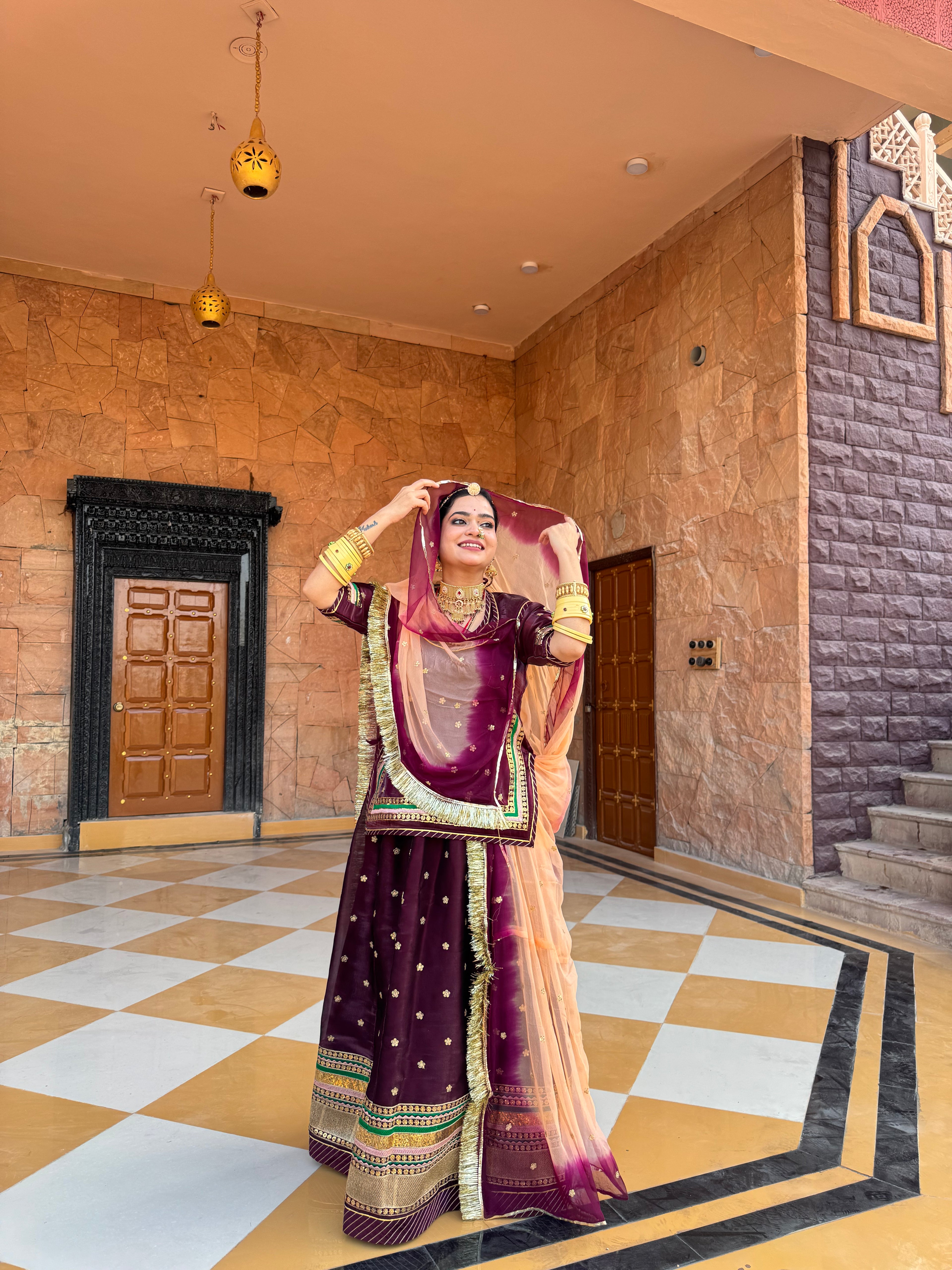 Bindani Wine Tissu Splendor: Poshak with Contrasting Odhna for Regal Grace