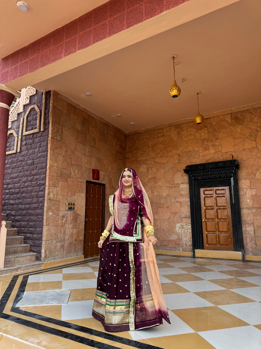 Bindani Wine Tissu Splendor: Poshak with Contrasting Odhna for Regal Grace