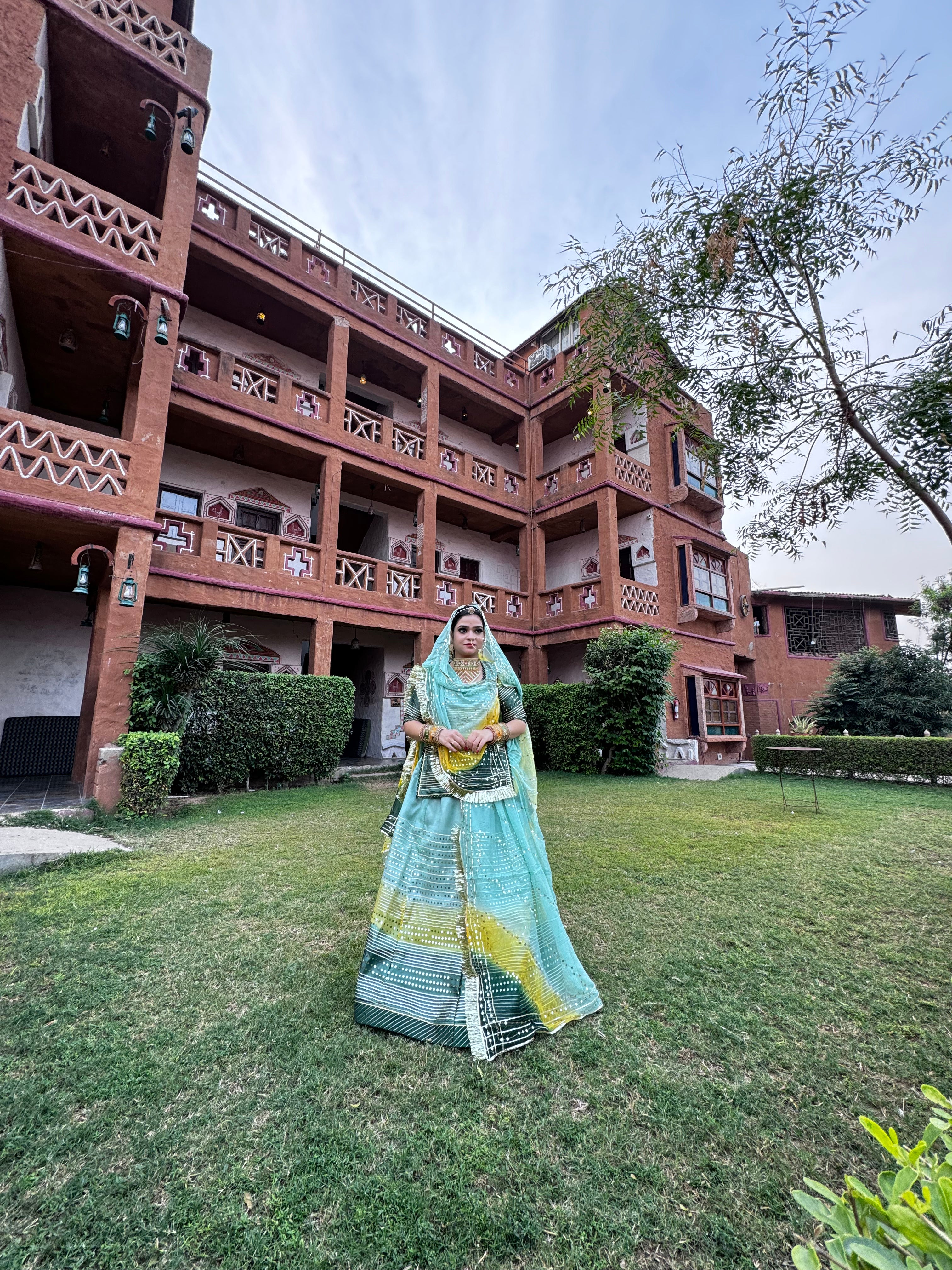 Tricolor Harmony: Organza Poshak with Exquisite Tari Work