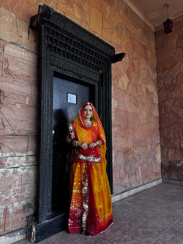 Sunny Radiance: Organza Two-Tone Threadwork Poshak in Orange and Yellow(Semi stich)