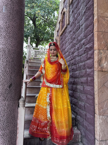 Sunny Radiance: Organza Two-Tone Threadwork Poshak in Orange and Yellow(Semi stich)