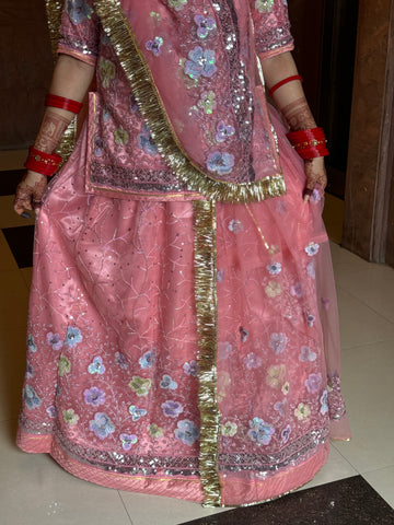 Bindani Blush Blossom: Pink Net Poshak with Floral Embroidery(Semi stich)