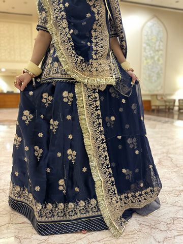 Bindani Ethereal Beauty: Blue Tissue Poshak with Intricate Jari Design(Semi stich)