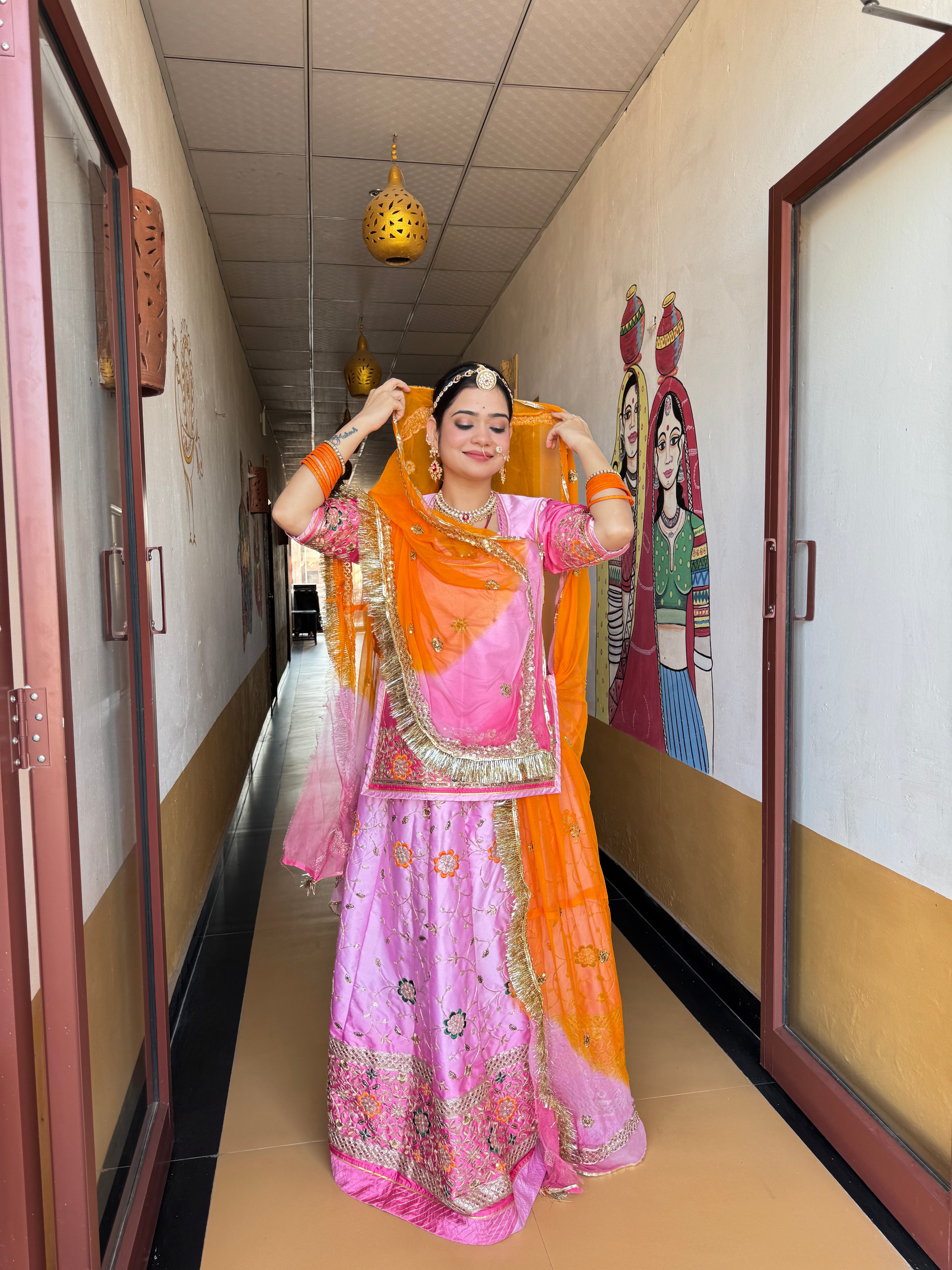 Bindani Blush Royale: The Satin Pink Suit with Contrast Odhna