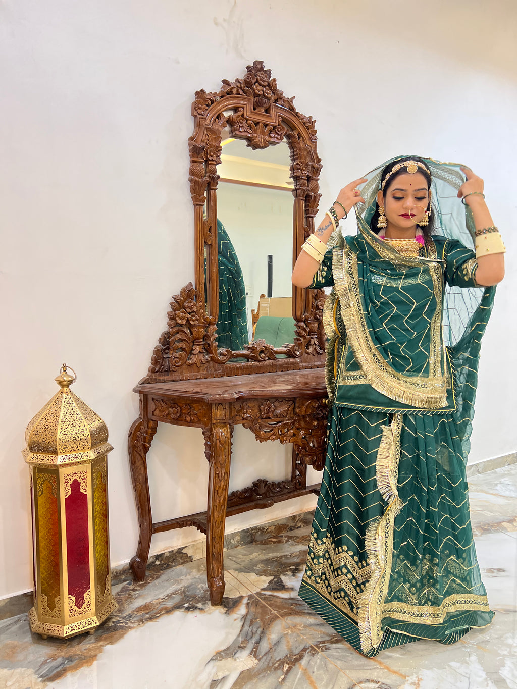 Emerald Breeze: The Satin Green Coral Green Poshak Ensemble
