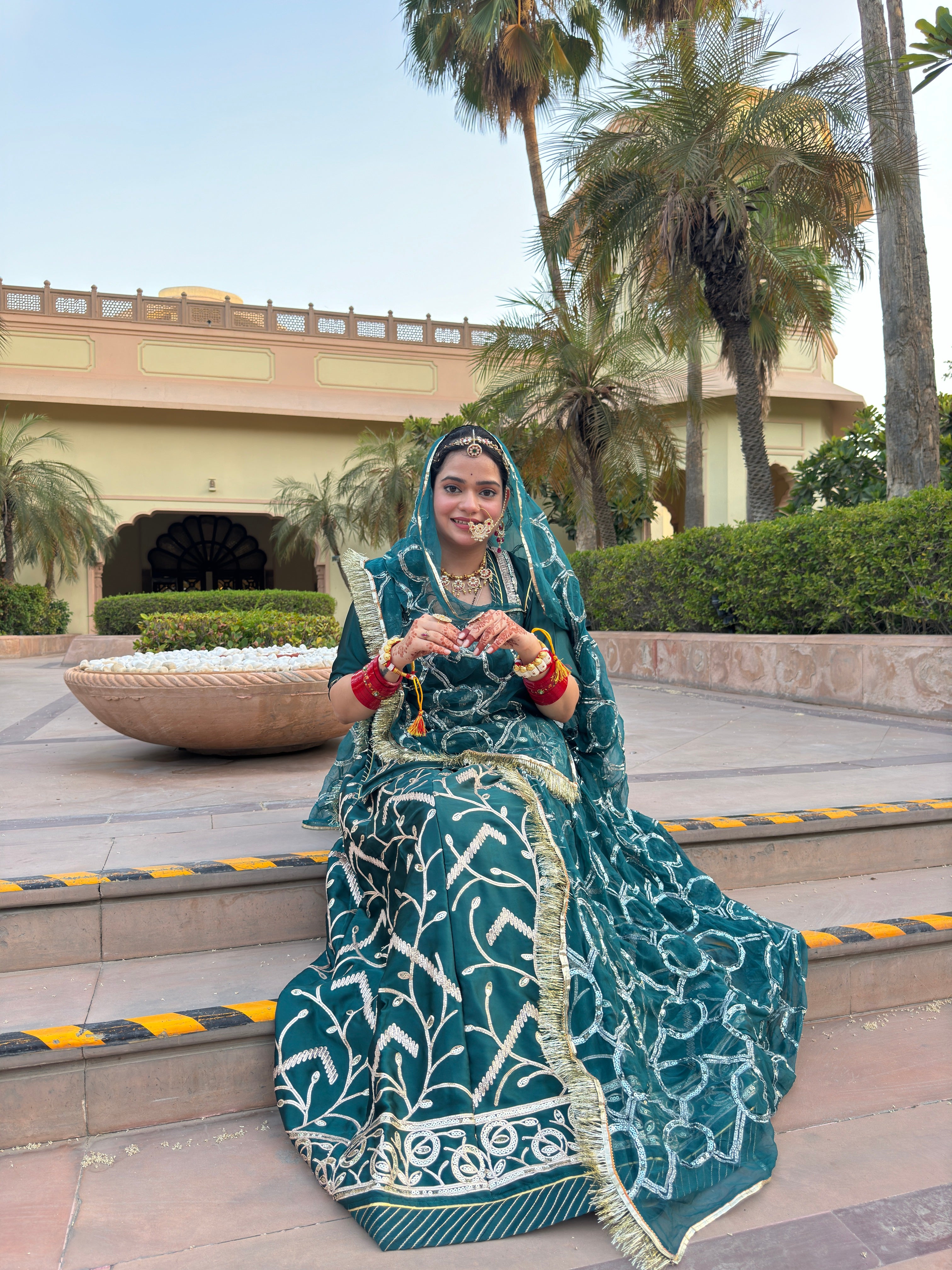 Exquisite Teal Satin Gota Work Poshak: Timeless Elegance and Artistry(Semi stich)