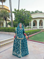 Exquisite Teal Satin Gota Work Poshak: Timeless Elegance and Artistry(Semi stich)