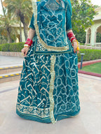 Exquisite Teal Satin Gota Work Poshak: Timeless Elegance and Artistry(Semi stich)