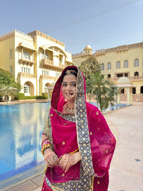 Royal Crimson: Velvet Poshak Adorned with Lace Border
