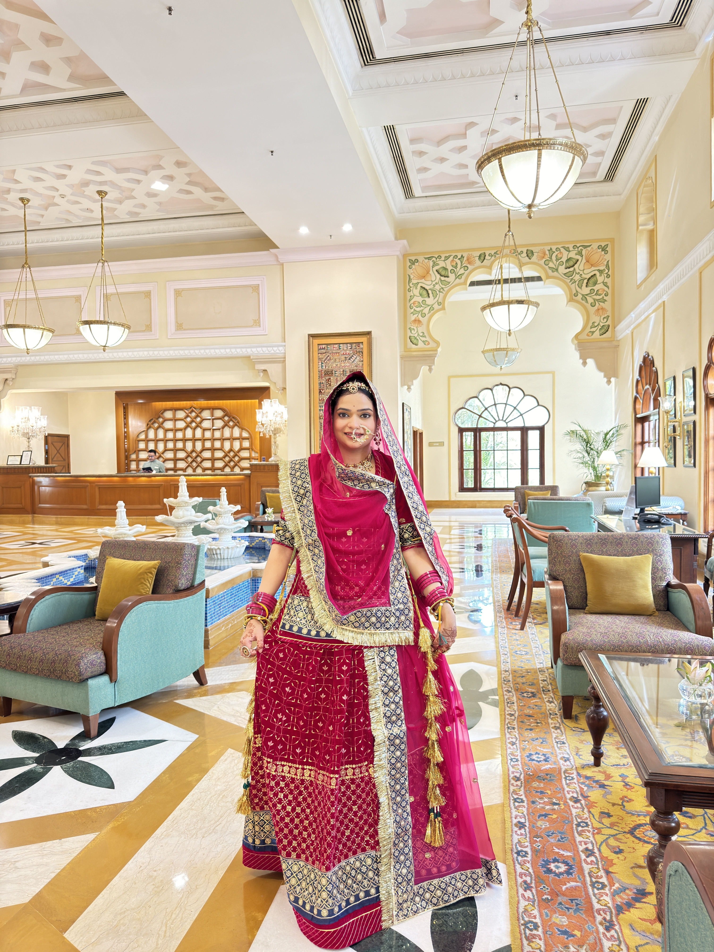 Royal Crimson: Velvet Poshak Adorned with Lace Border