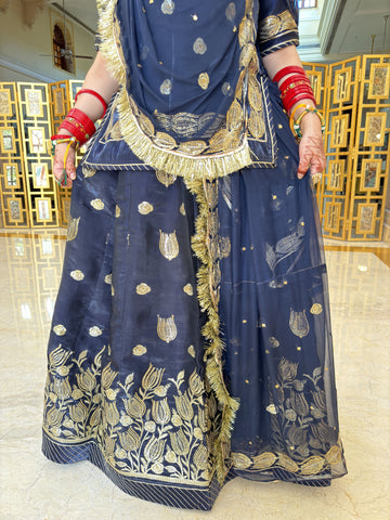 Elegant Blue Tissue Poshak with Stunning Foil Work(semi stich)