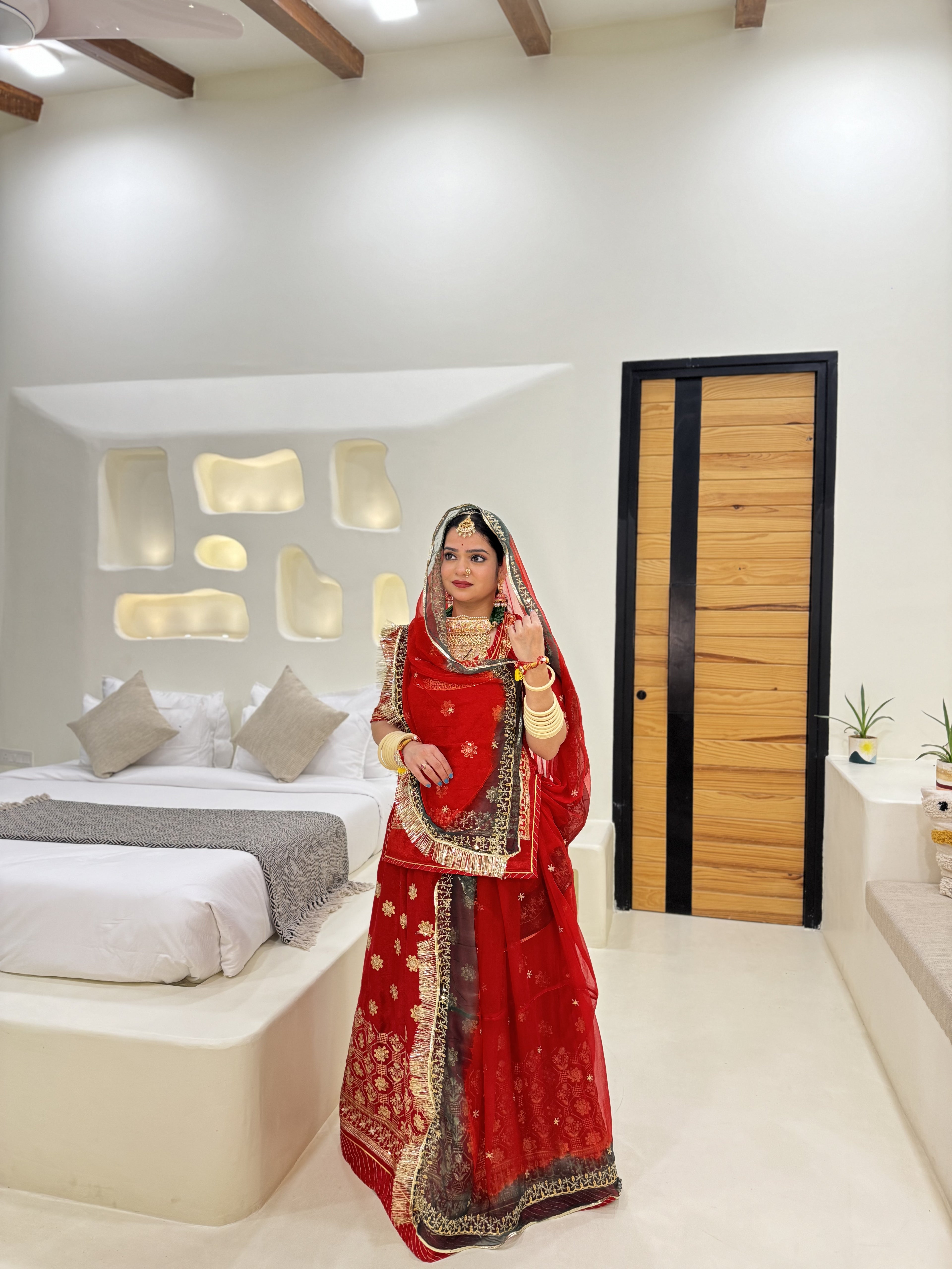 Scarlet Elegance: The Semi-Velvet Red Poshak