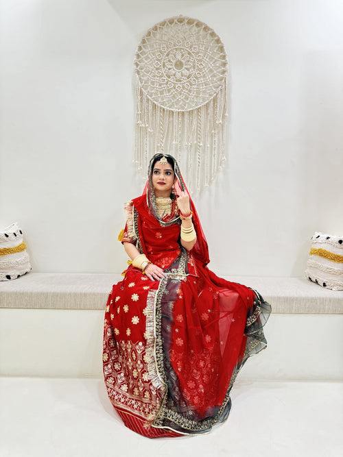 Scarlet Elegance: The Semi-Velvet Red Poshak