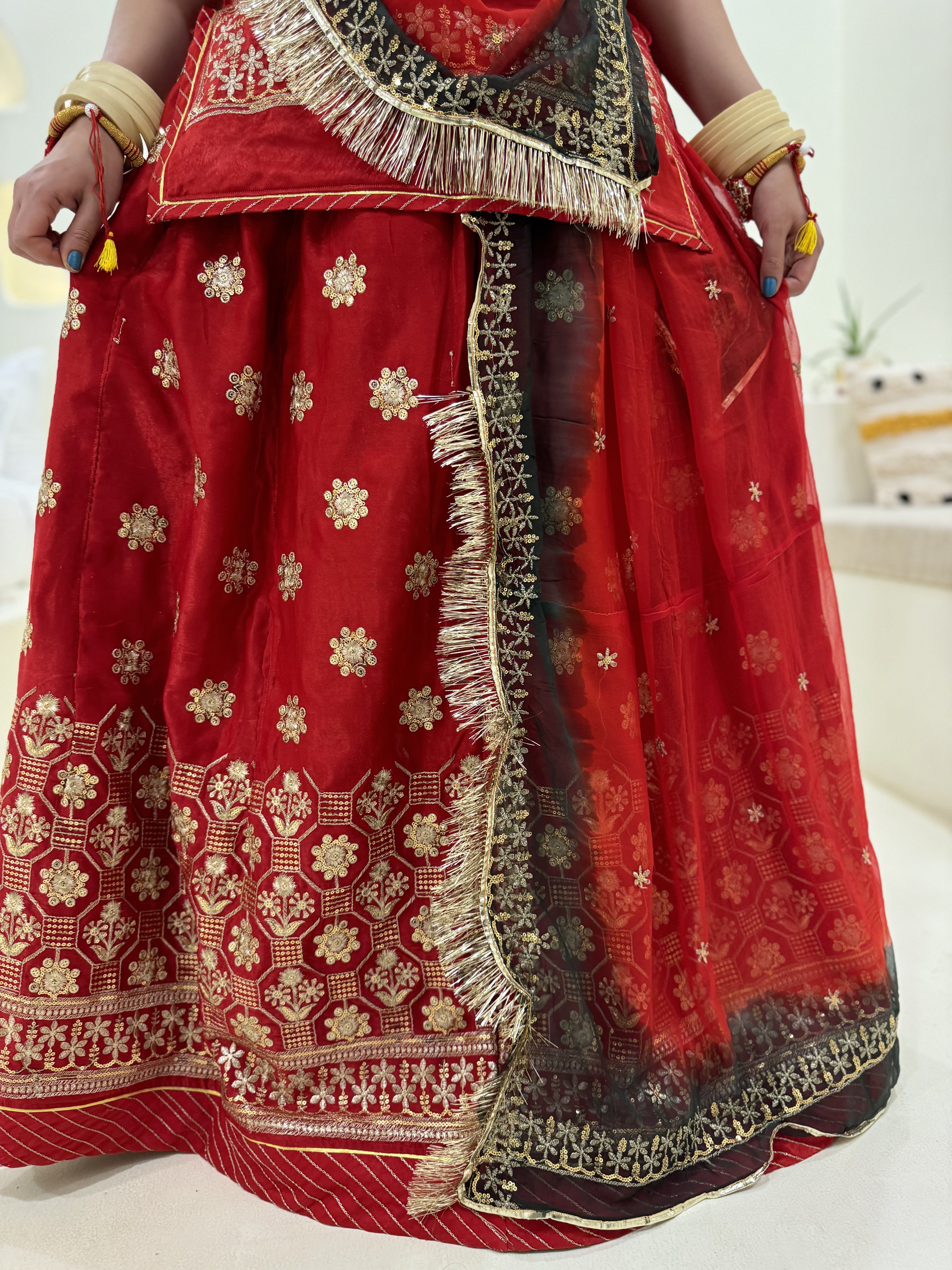 Scarlet Elegance: The Semi-Velvet Red Poshak
