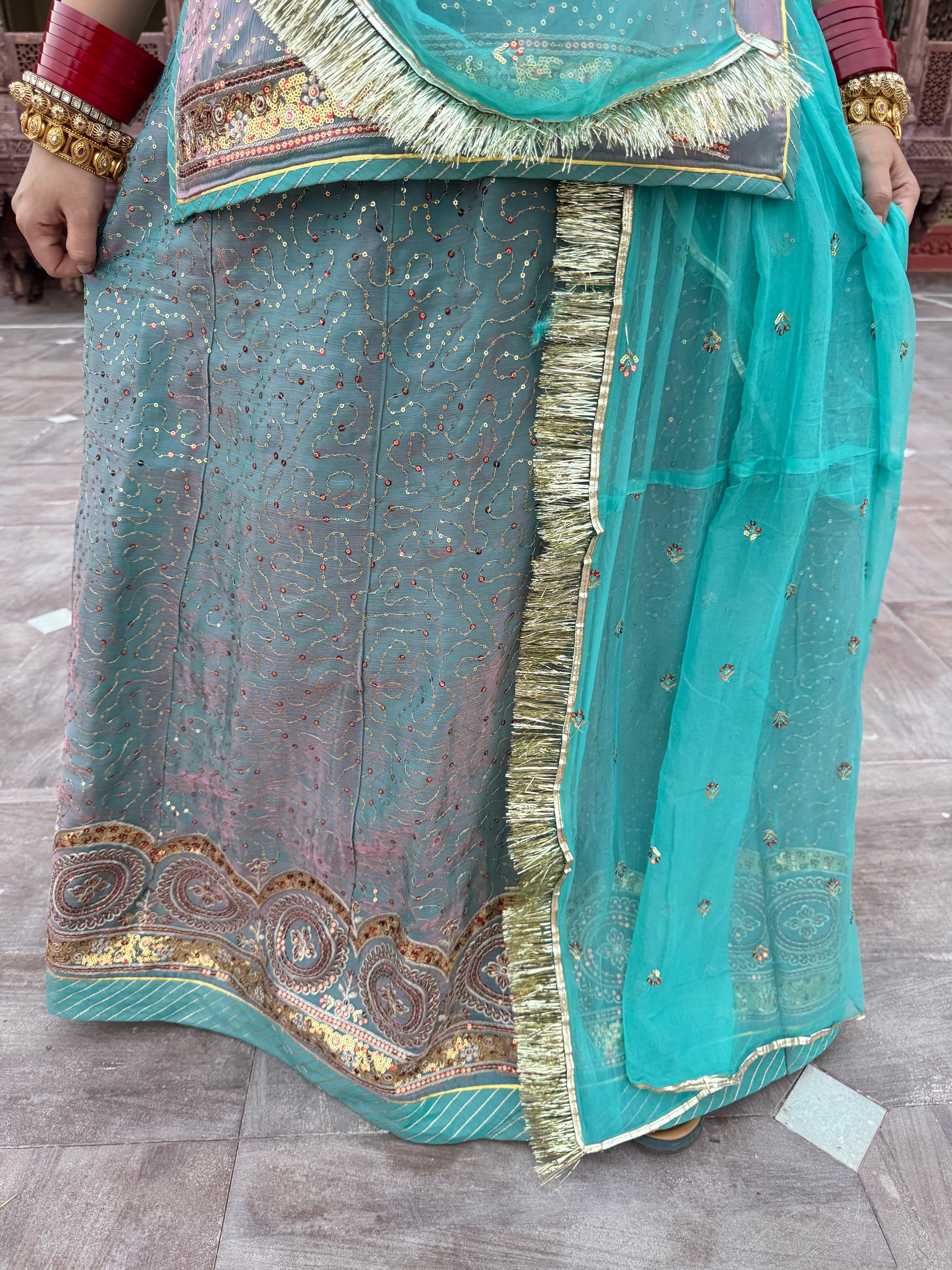 blue rajputi dress Elegance Rajputi Poshak in Peacock Blue with Broad Border Lafa Work