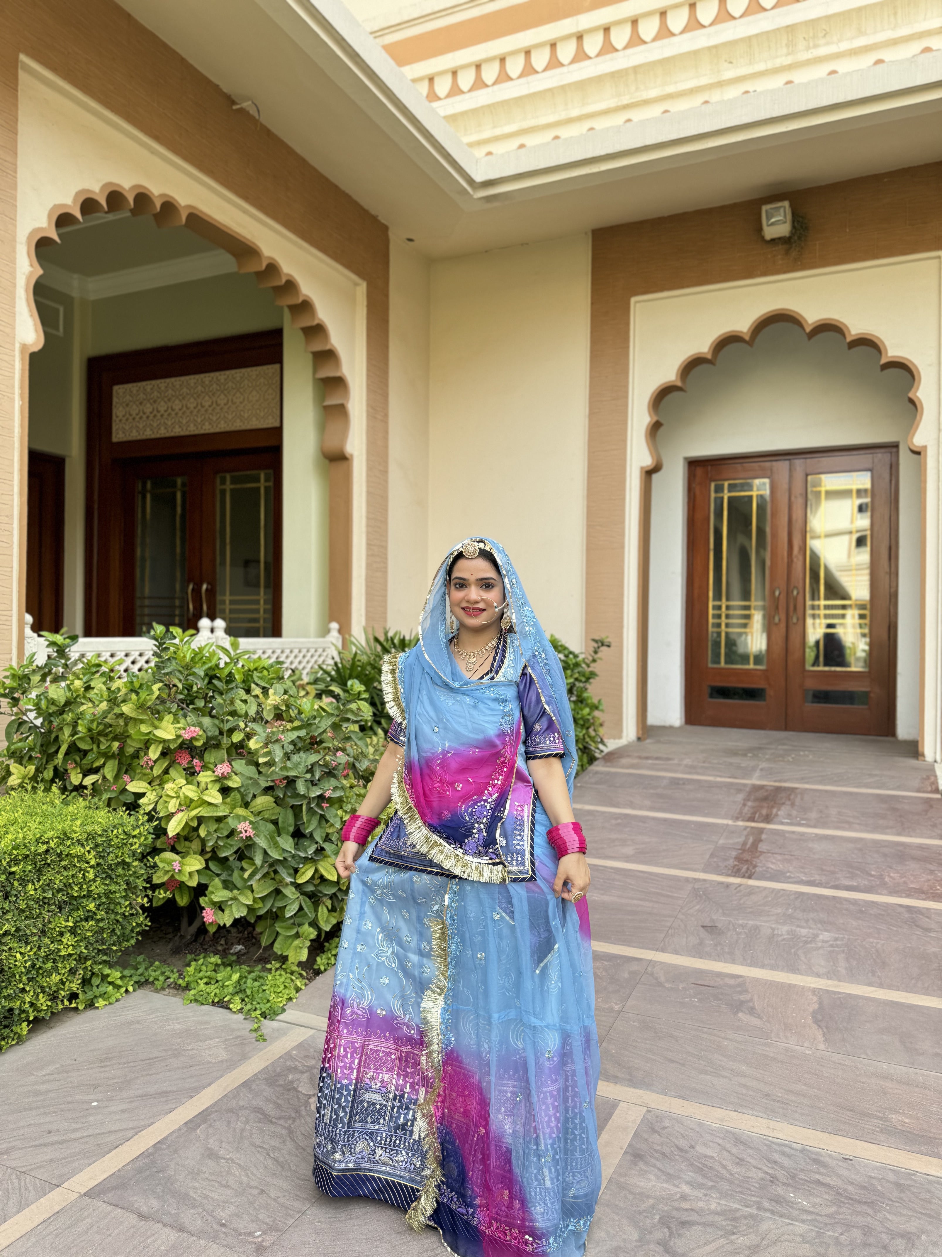 Blushing Sky: Blue Organza Poshak with a Hint of Pink