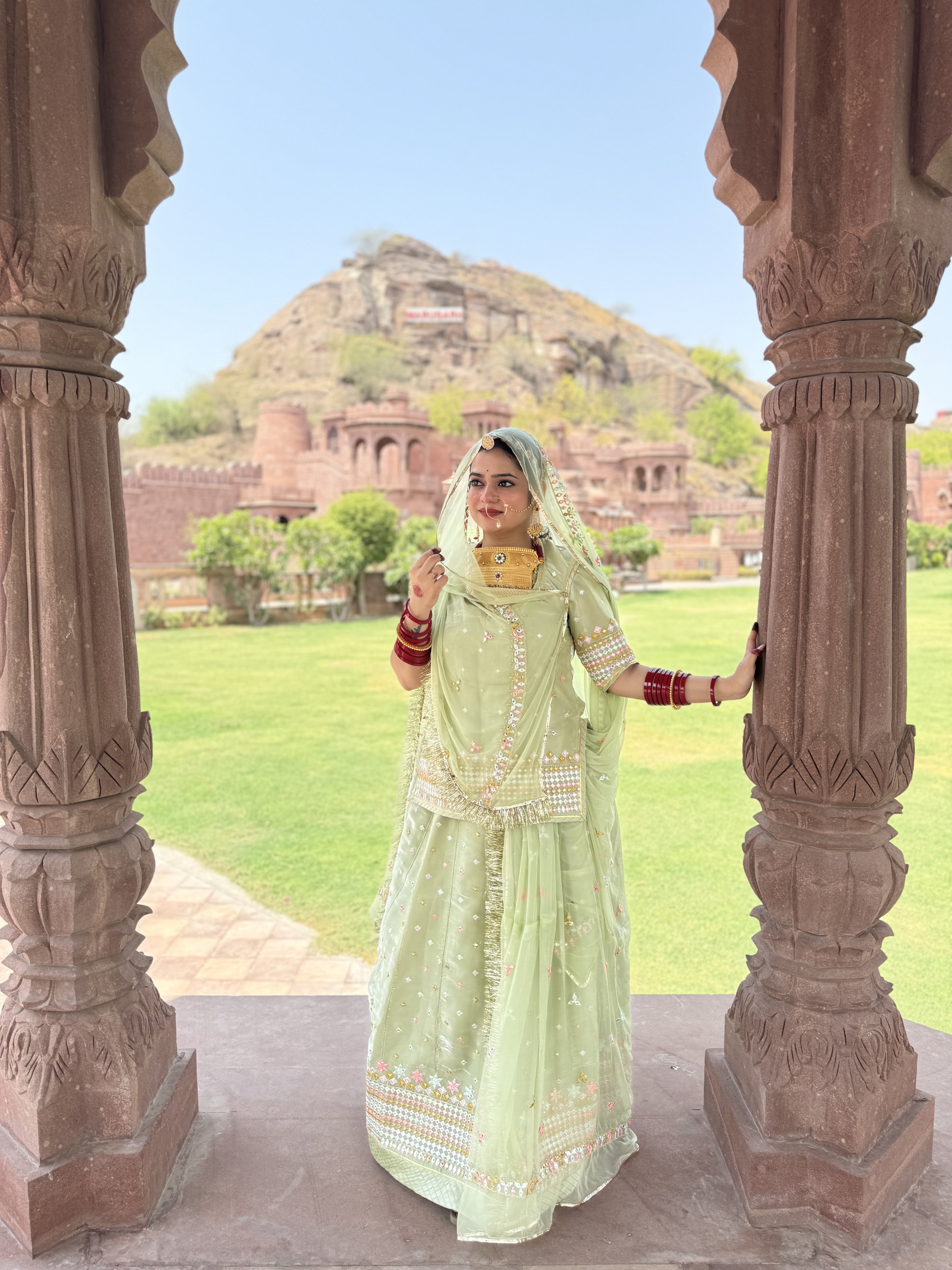 Exquisite Tissu Poshak with Vibrant Multicolor Thread Work(semi stich)