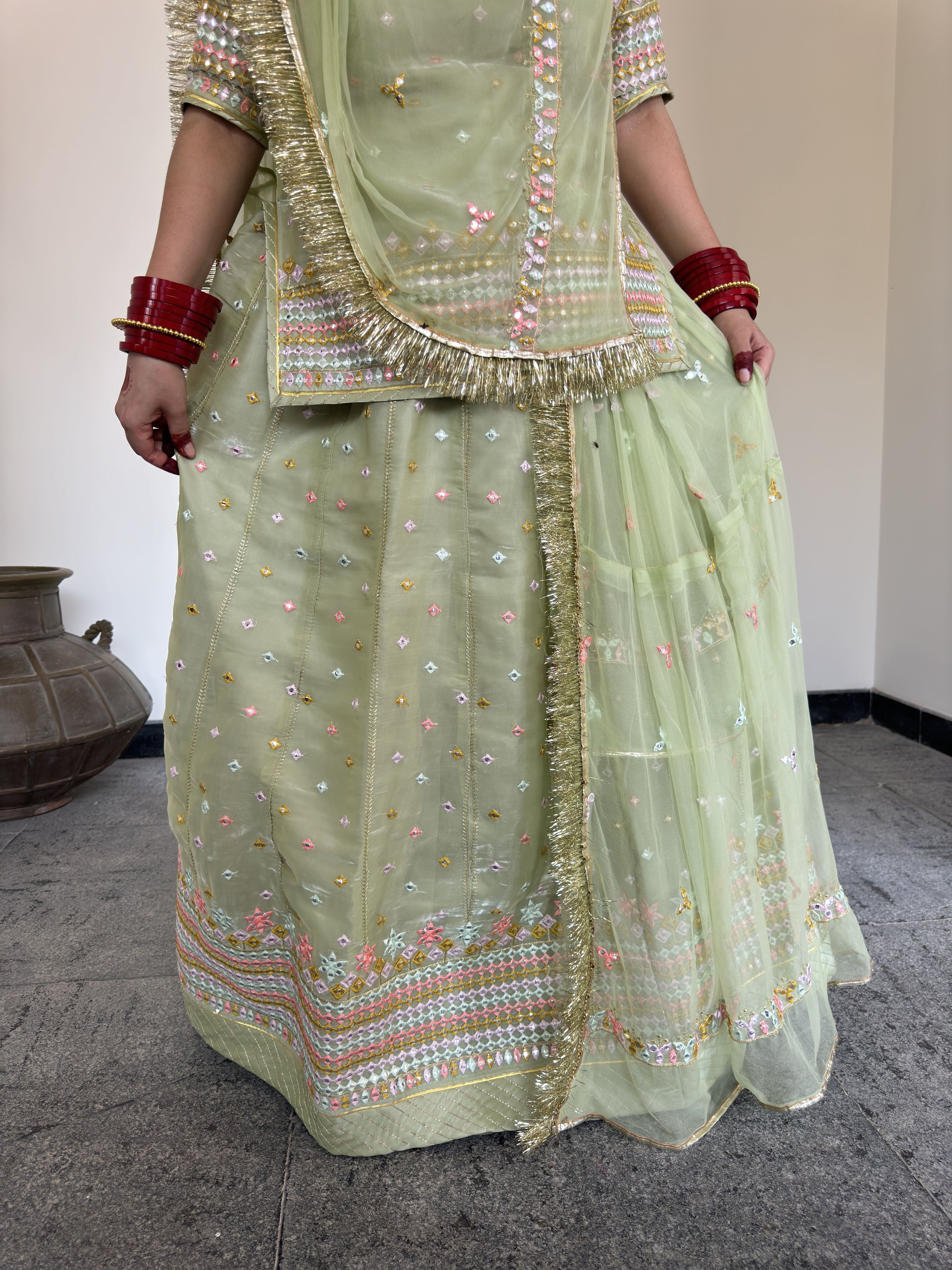 Exquisite Tissu Poshak with Vibrant Multicolor Thread Work(semi stich)