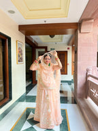 Peachy Perfection: Net Poshak Ensemble with Sheer Elegance