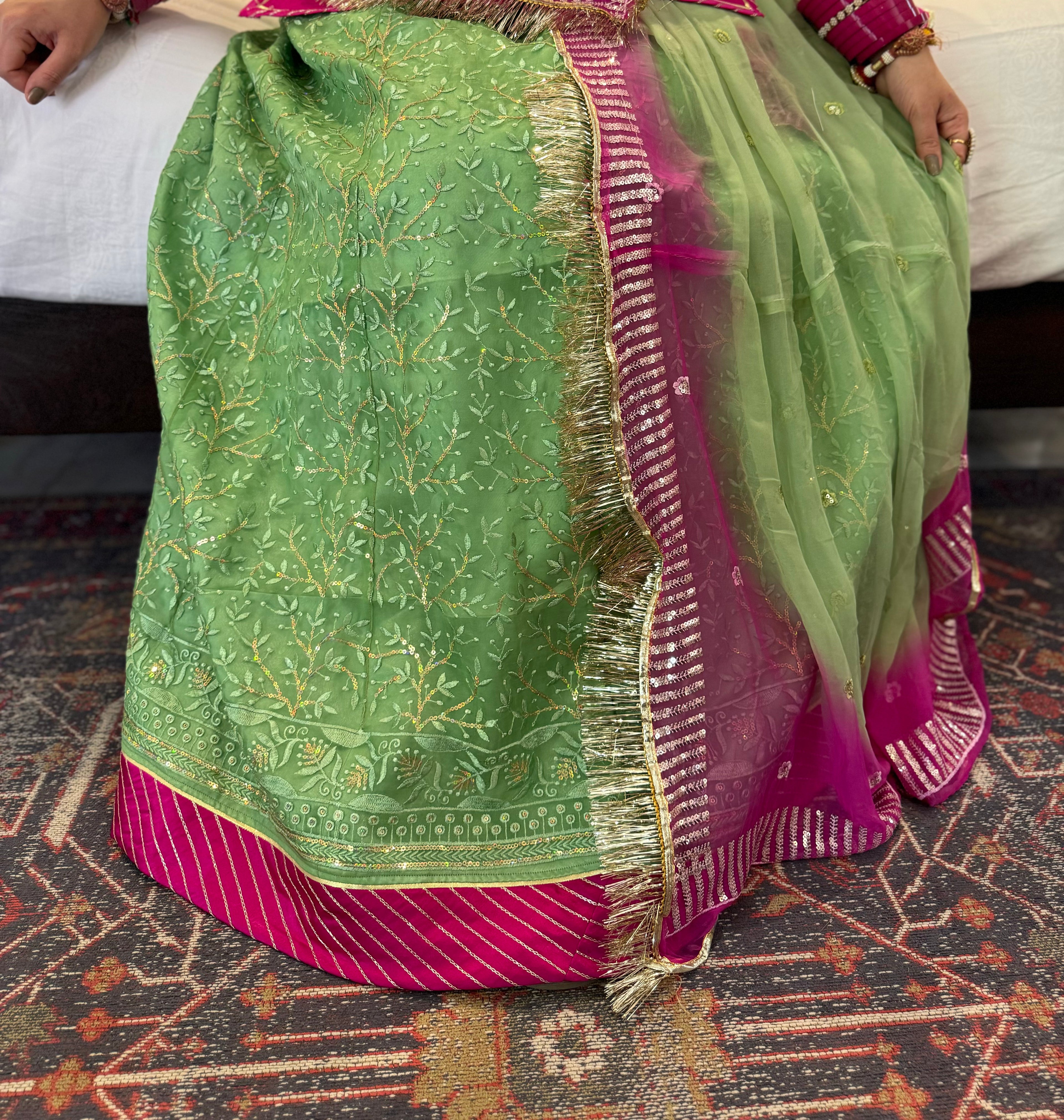 Pristine Pistachio: Organza Suit with Striking Contrast Odhna