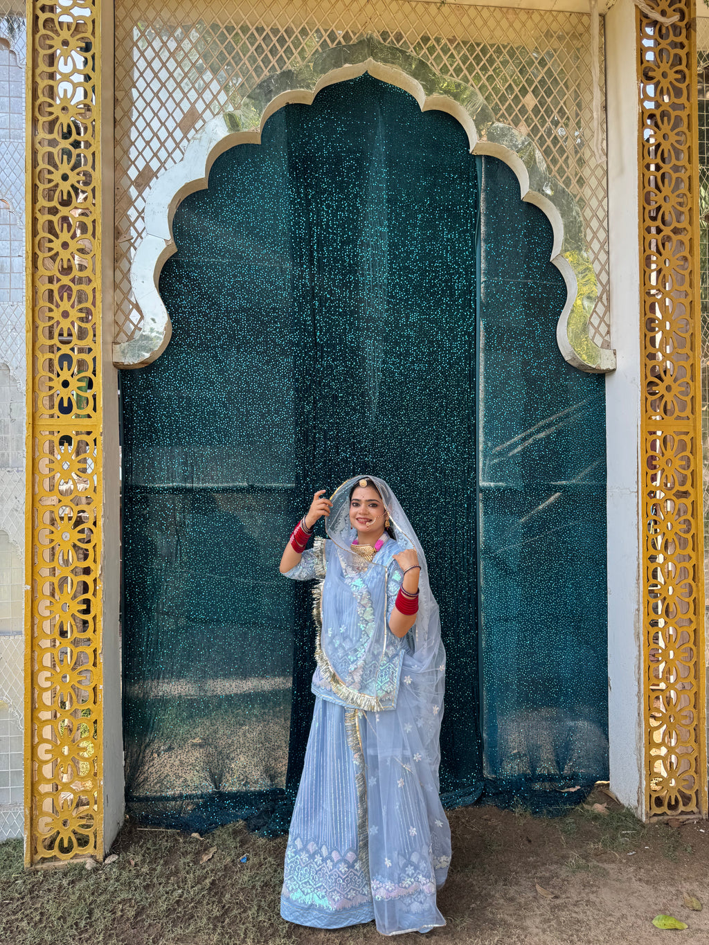 Bindani Serene Charm: Sky Blue Net Poshak