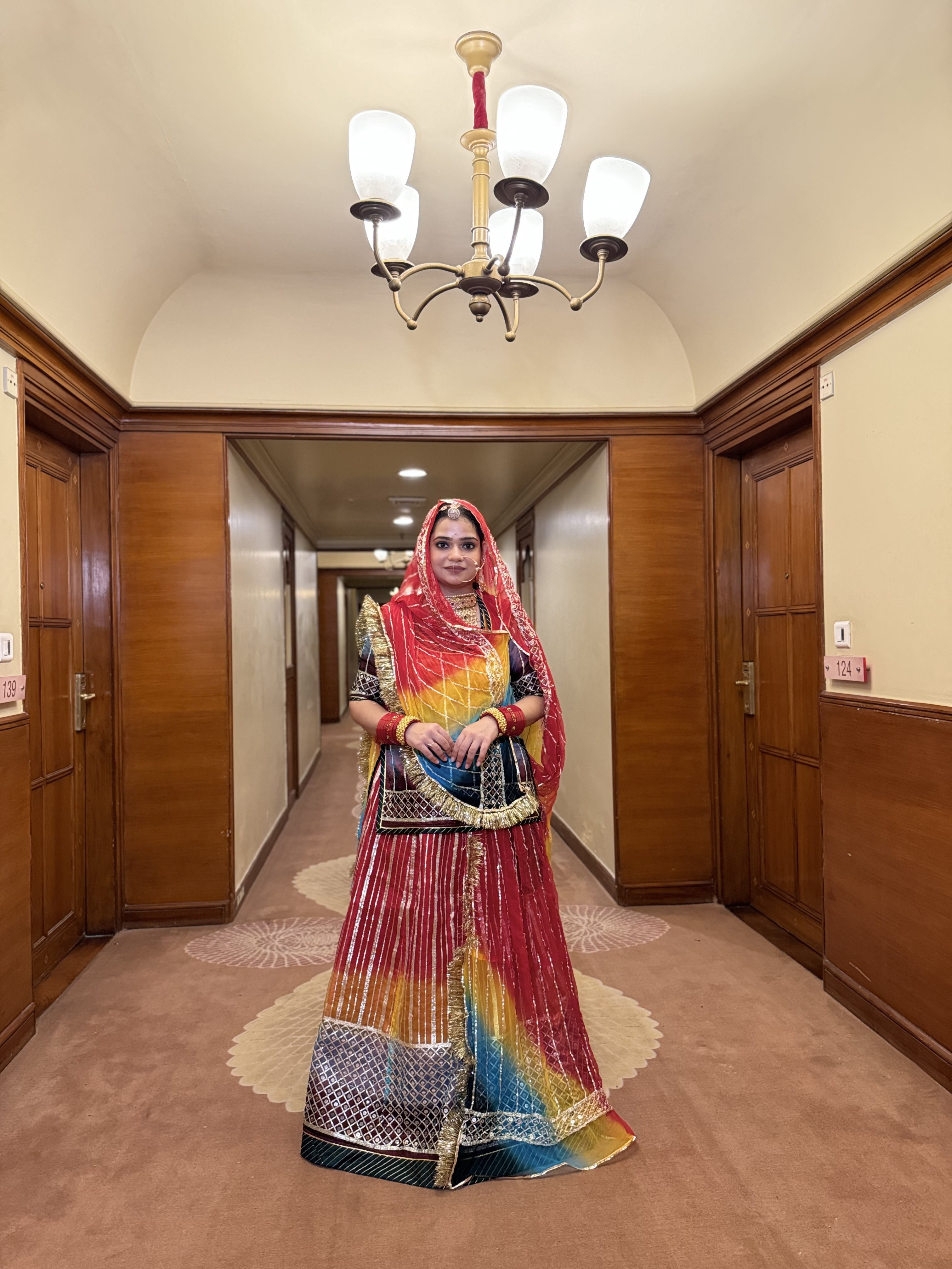 Vibrant Harmony: Four-Tone Organza Poshak Adorned with Gota Craftsmanship(Semi stich)