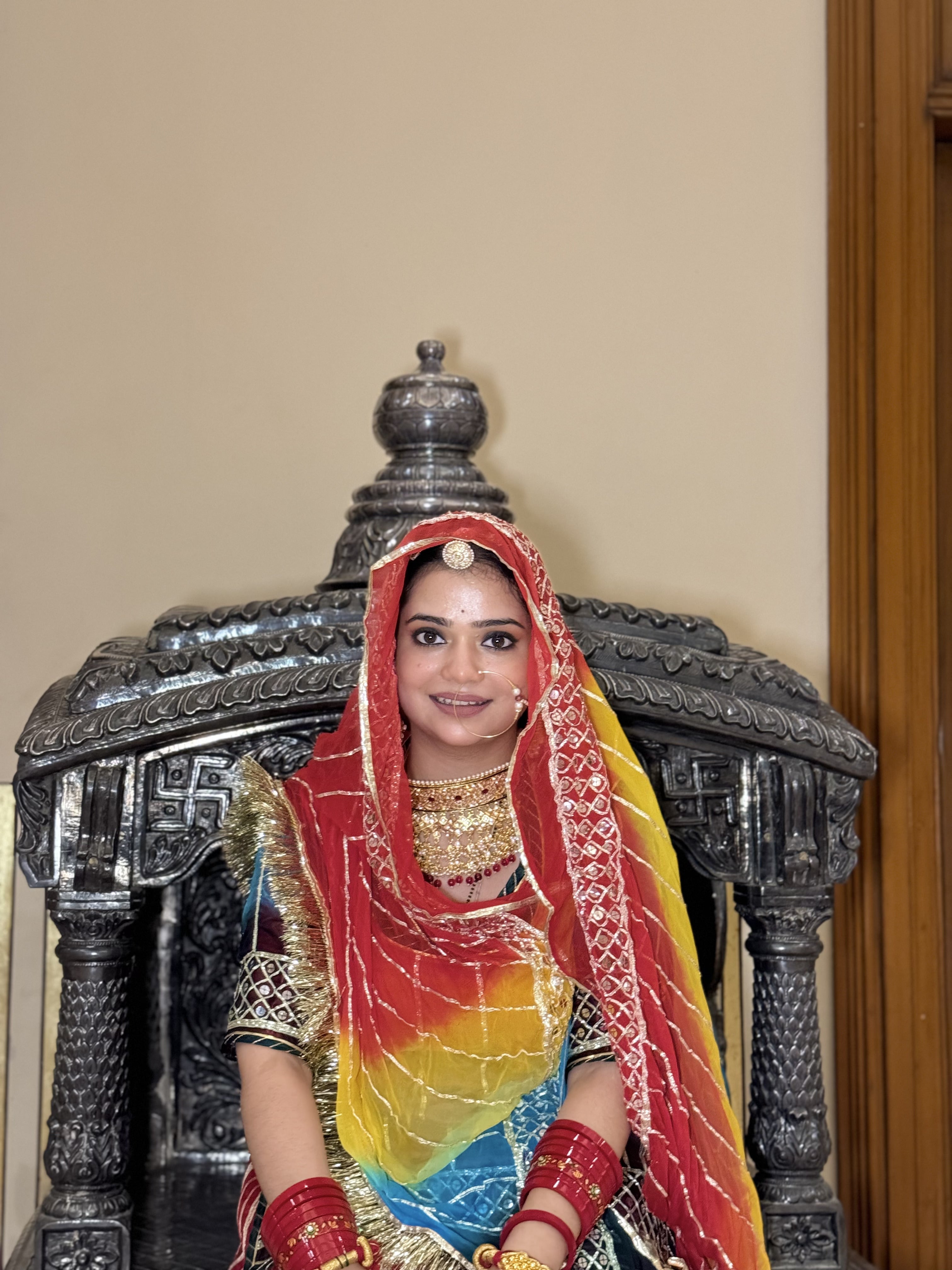 Vibrant Harmony: Four-Tone Organza Poshak Adorned with Gota Craftsmanship(Semi stich)