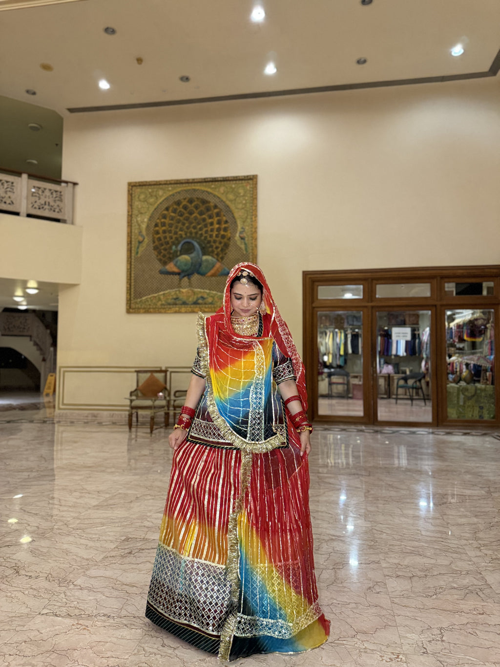 Vibrant Harmony: Four-Tone Organza Poshak Adorned with Gota Craftsmanship(Semi stich)